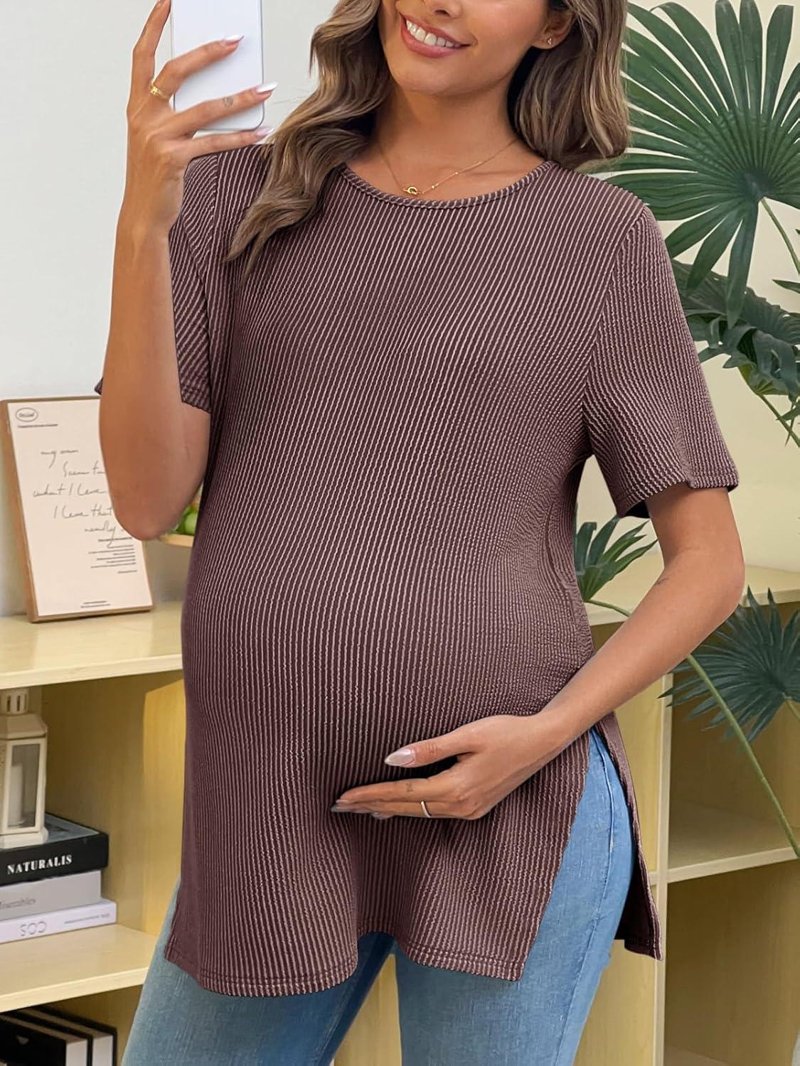 imageTankaneo Womens Maternity T Shirts Summer Ribbed Short Sleeve Tunic Tops Textured Side Split Tee Pregnancy ClothesCoffee