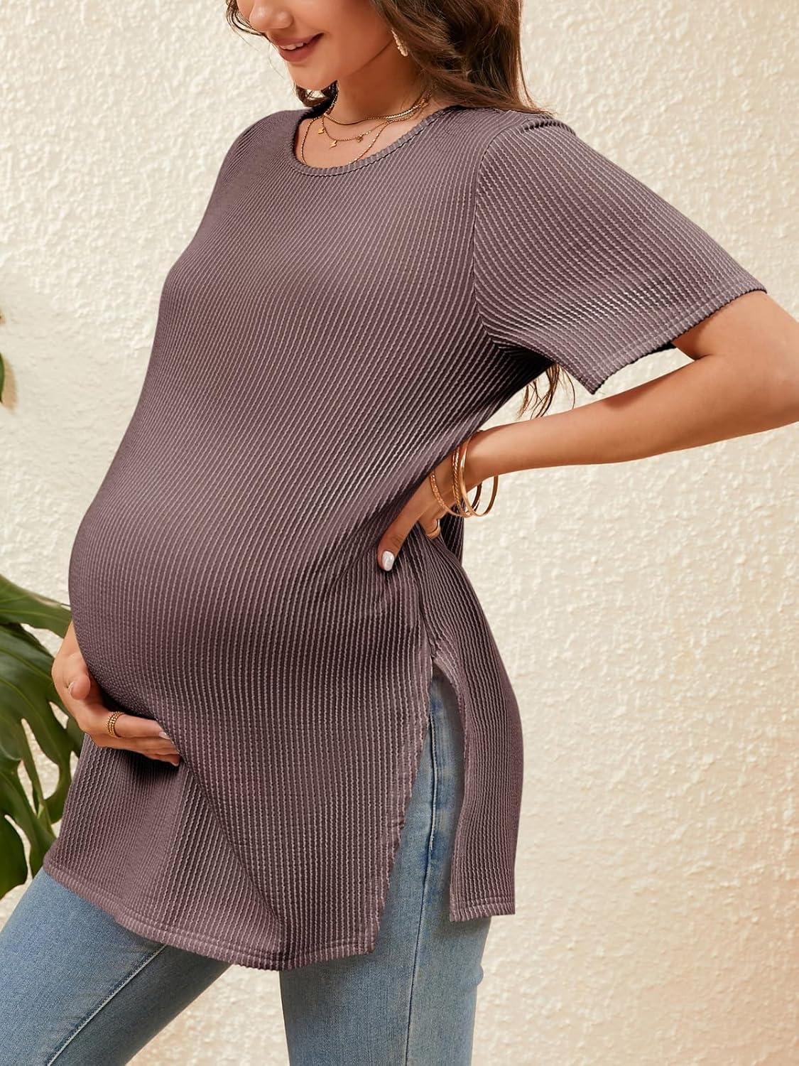 imageTankaneo Womens Maternity T Shirts Summer Ribbed Short Sleeve Tunic Tops Textured Side Split Tee Pregnancy ClothesCoffee