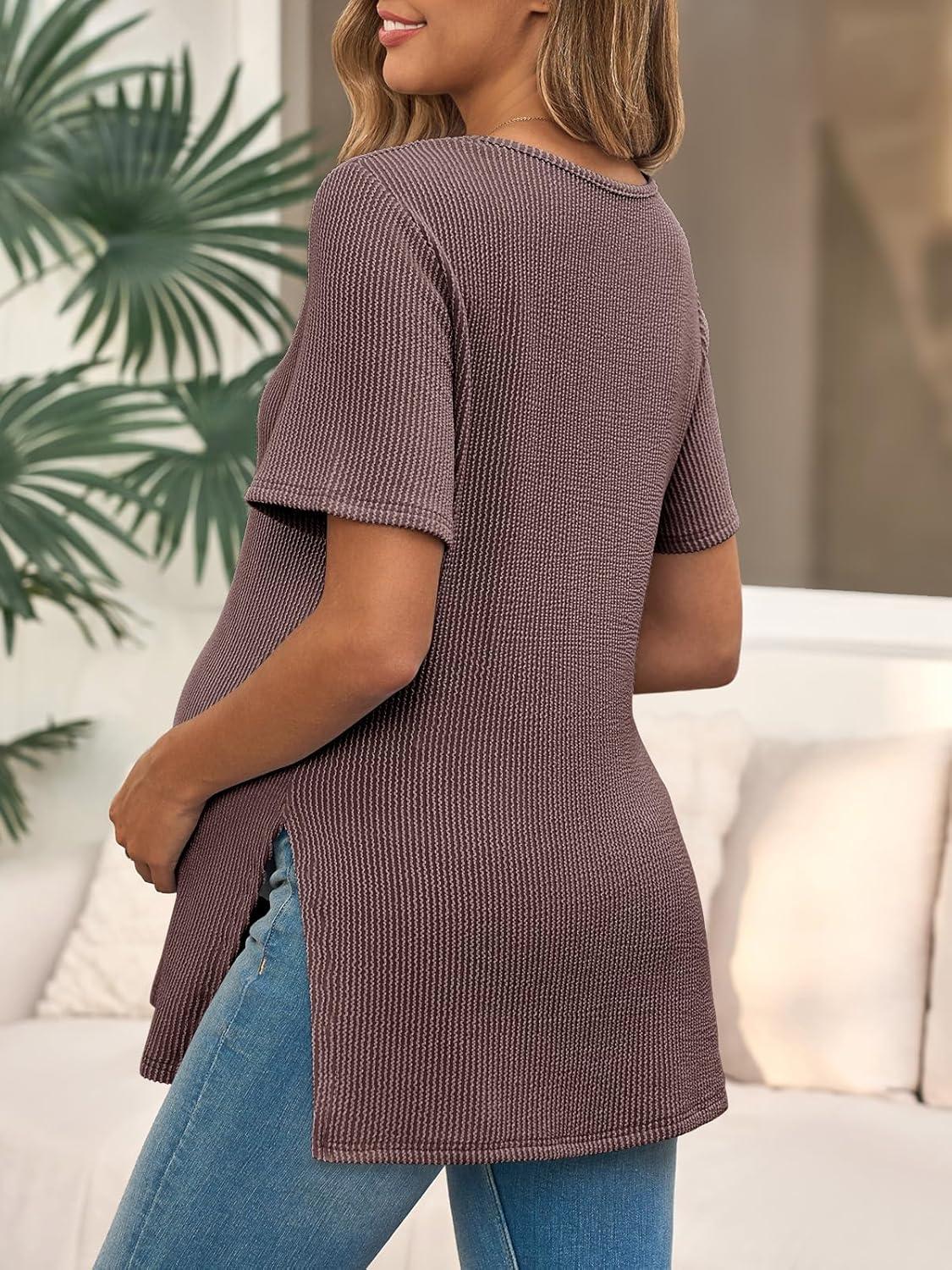 imageTankaneo Womens Maternity T Shirts Summer Ribbed Short Sleeve Tunic Tops Textured Side Split Tee Pregnancy ClothesCoffee