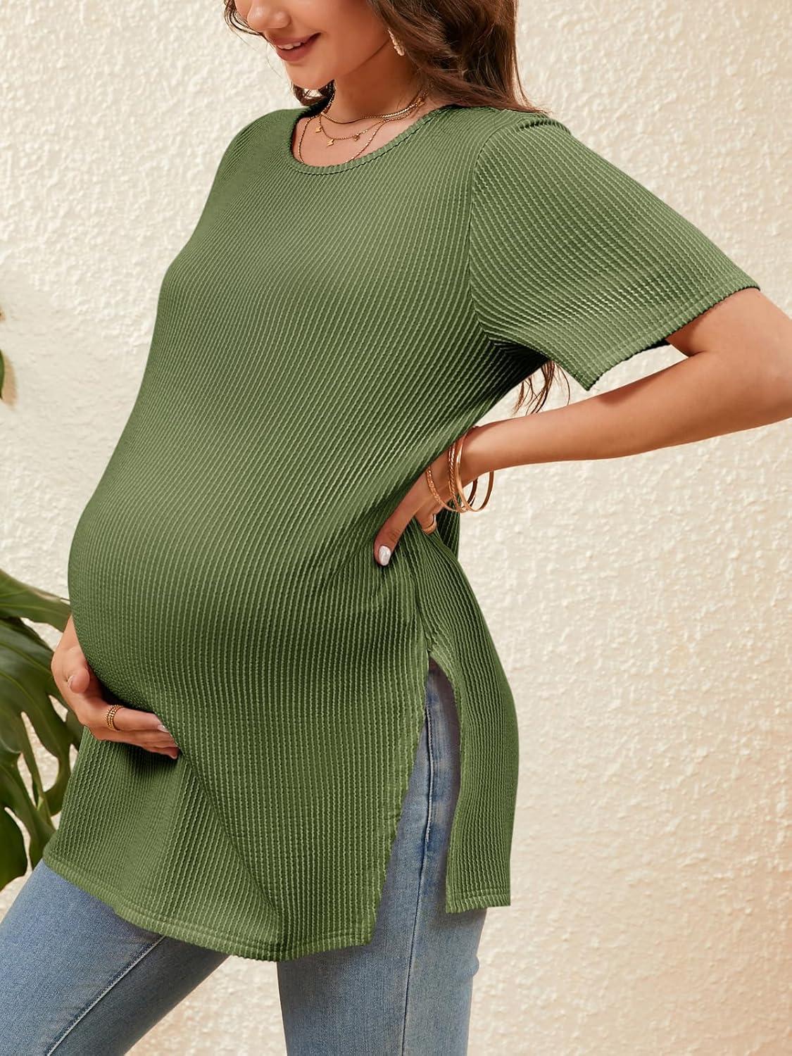 imageTankaneo Womens Maternity T Shirts Summer Ribbed Short Sleeve Tunic Tops Textured Side Split Tee Pregnancy ClothesGreen