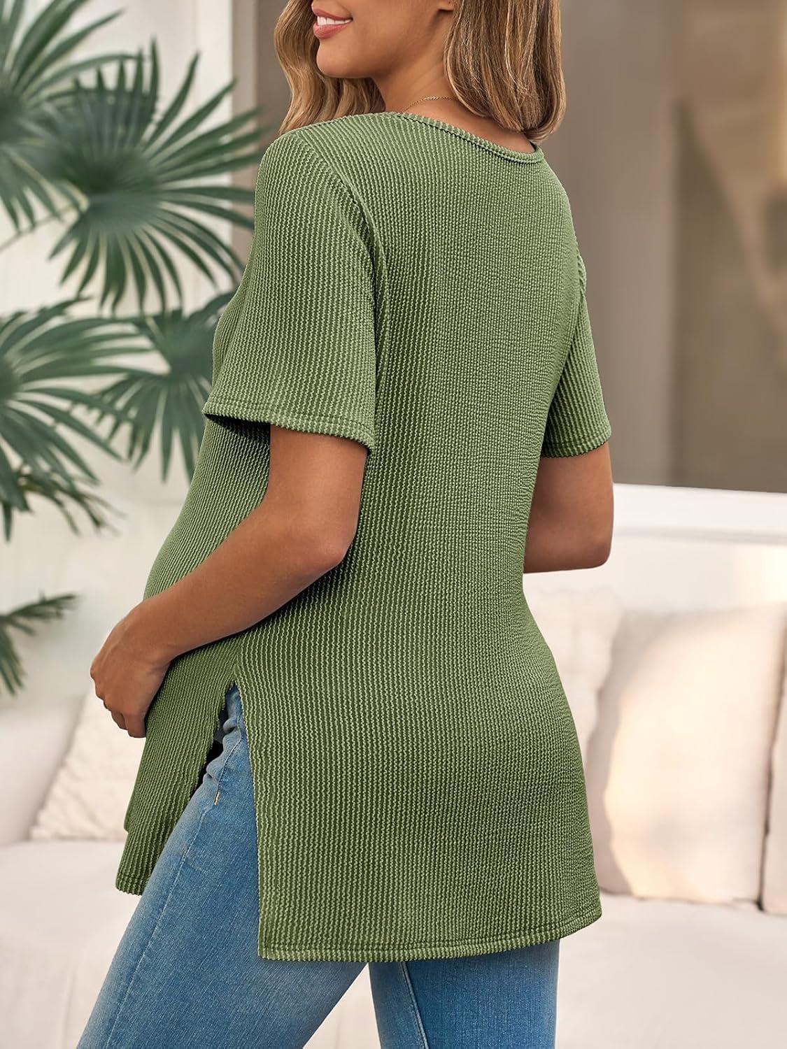 imageTankaneo Womens Maternity T Shirts Summer Ribbed Short Sleeve Tunic Tops Textured Side Split Tee Pregnancy ClothesGreen