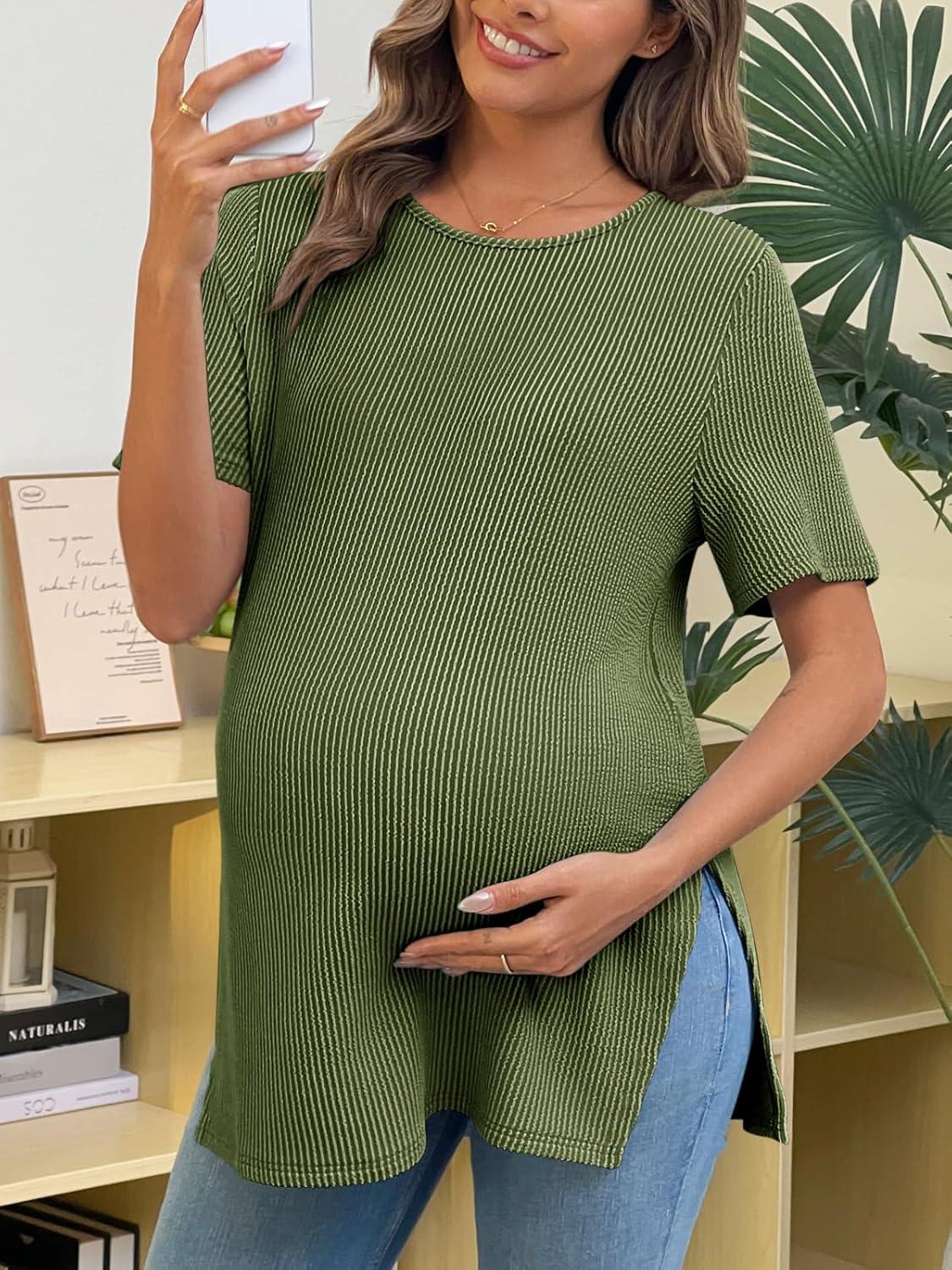 imageTankaneo Womens Maternity T Shirts Summer Ribbed Short Sleeve Tunic Tops Textured Side Split Tee Pregnancy ClothesGreen