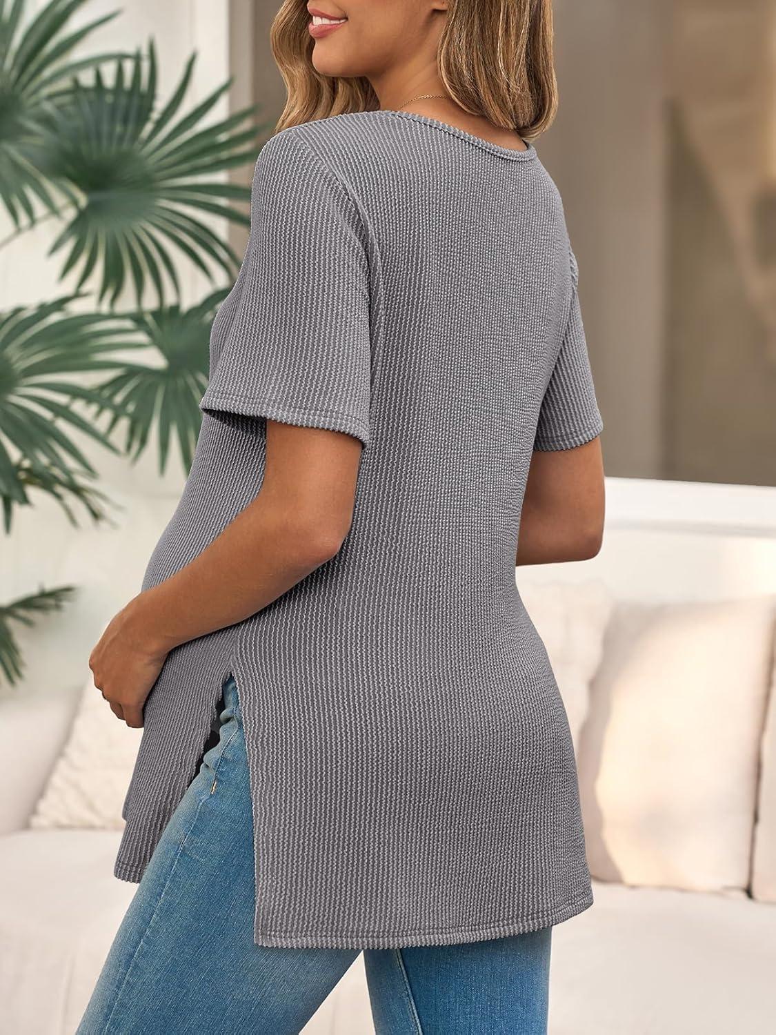 imageTankaneo Womens Maternity T Shirts Summer Ribbed Short Sleeve Tunic Tops Textured Side Split Tee Pregnancy ClothesGrey