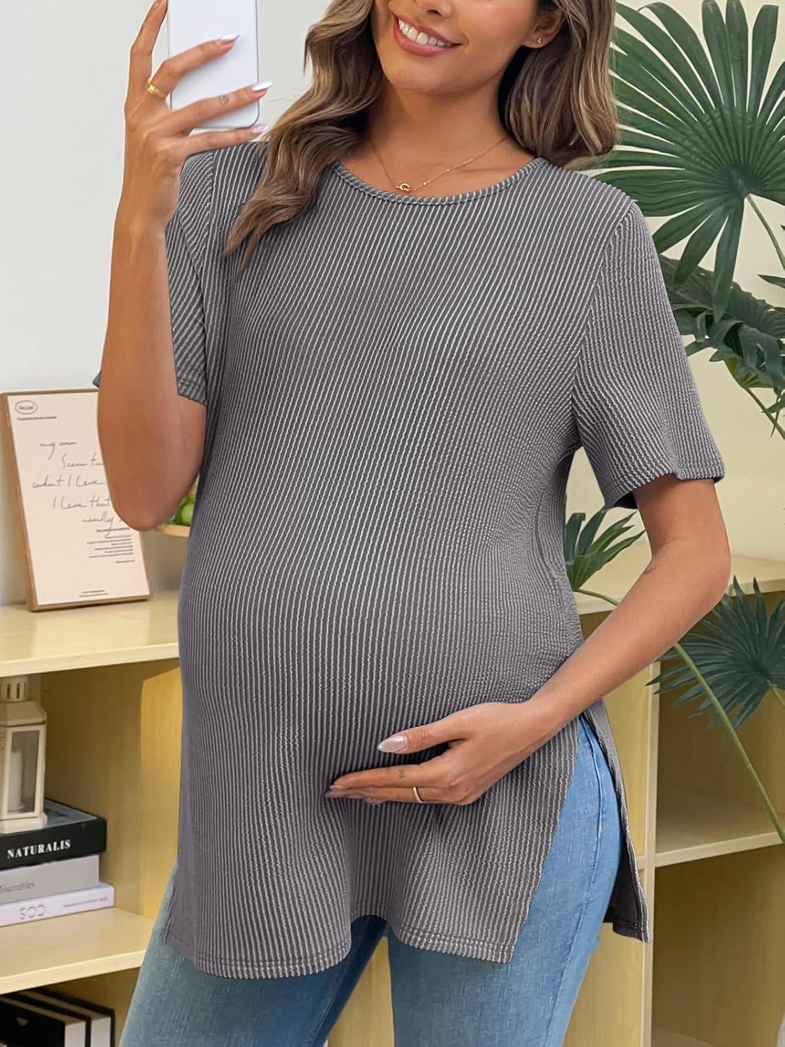 imageTankaneo Womens Maternity T Shirts Summer Ribbed Short Sleeve Tunic Tops Textured Side Split Tee Pregnancy ClothesGrey