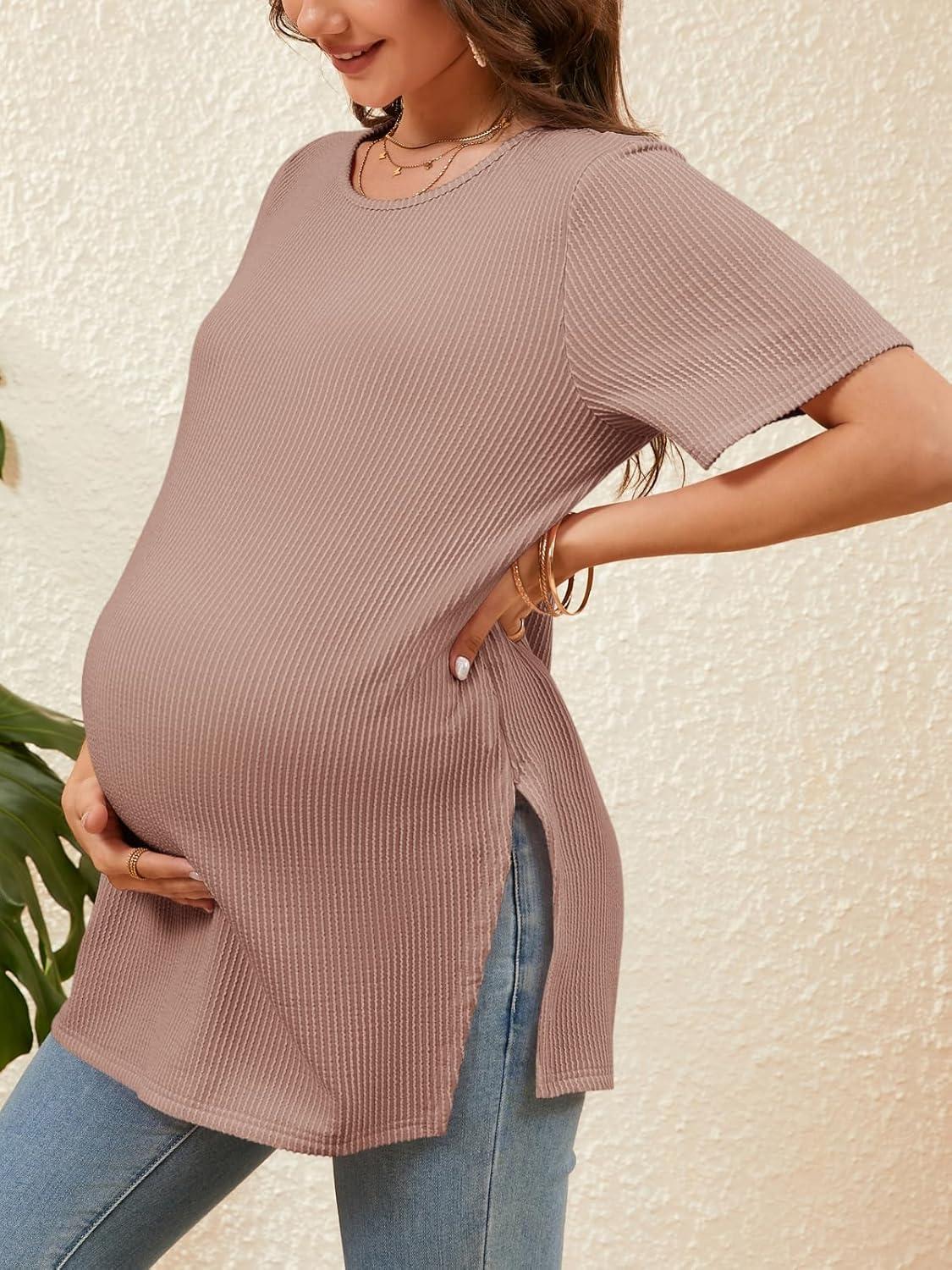 imageTankaneo Womens Maternity T Shirts Summer Ribbed Short Sleeve Tunic Tops Textured Side Split Tee Pregnancy ClothesKhaki