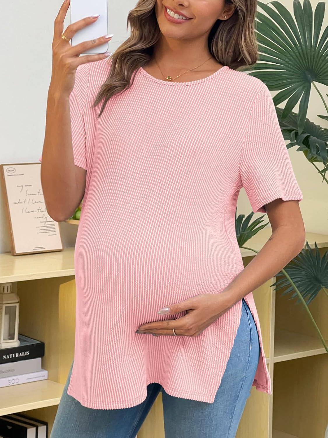 imageTankaneo Womens Maternity T Shirts Summer Ribbed Short Sleeve Tunic Tops Textured Side Split Tee Pregnancy ClothesPink