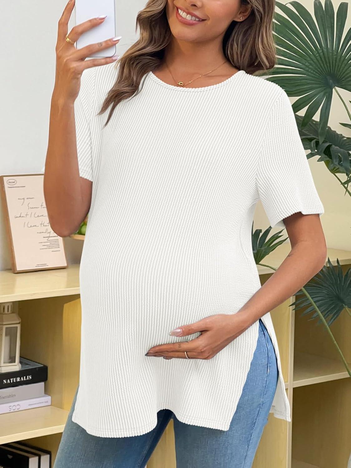 imageTankaneo Womens Maternity T Shirts Summer Ribbed Short Sleeve Tunic Tops Textured Side Split Tee Pregnancy ClothesWhite