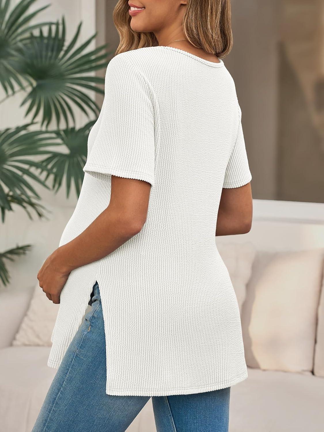 imageTankaneo Womens Maternity T Shirts Summer Ribbed Short Sleeve Tunic Tops Textured Side Split Tee Pregnancy ClothesWhite