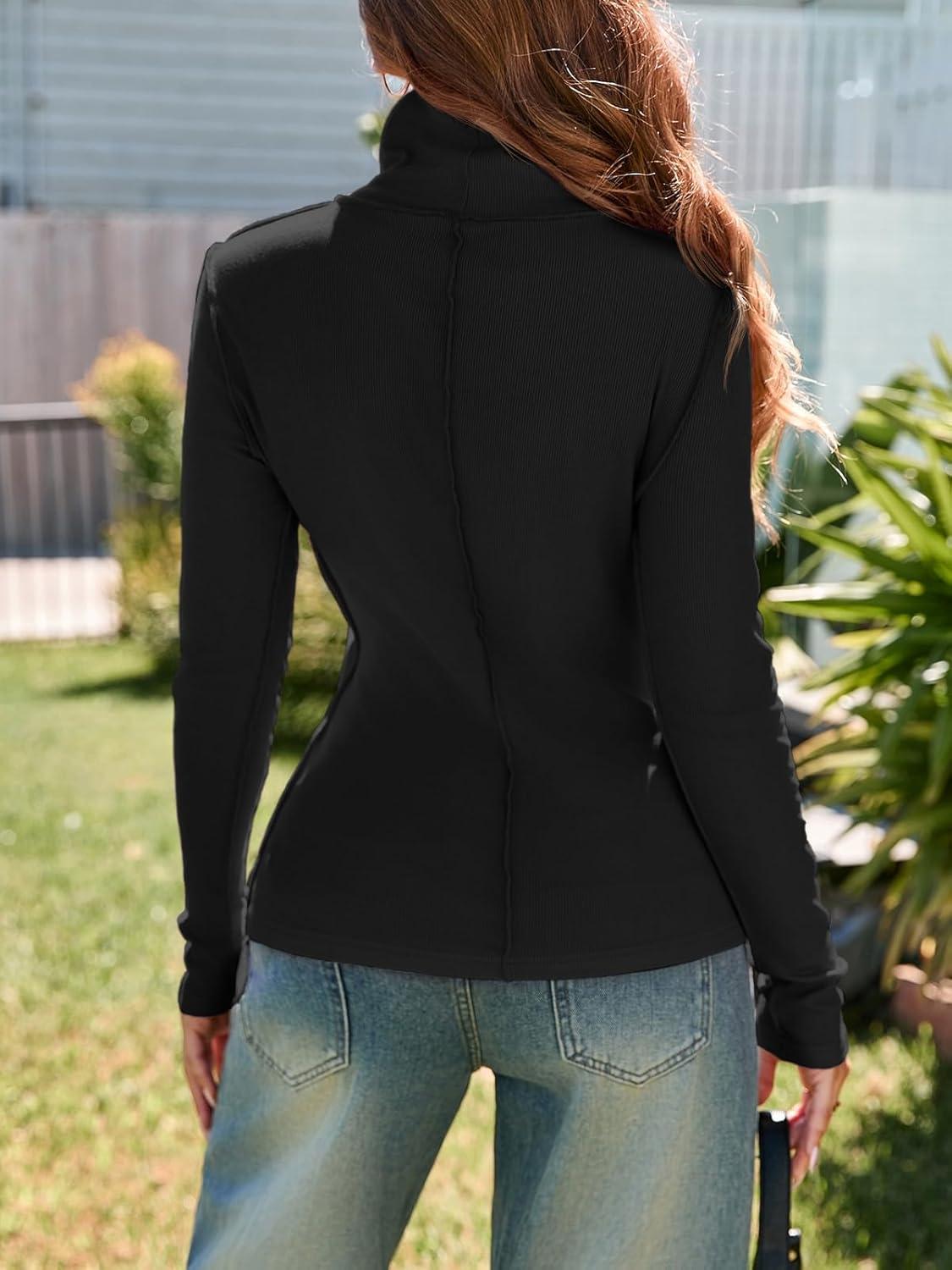 imageTankaneo Womens Mock Turtle Neck Tops Long Sleeve Slim Fitted Shirts Ribbed Knit Basic Tees Thermal ShirtsBlack