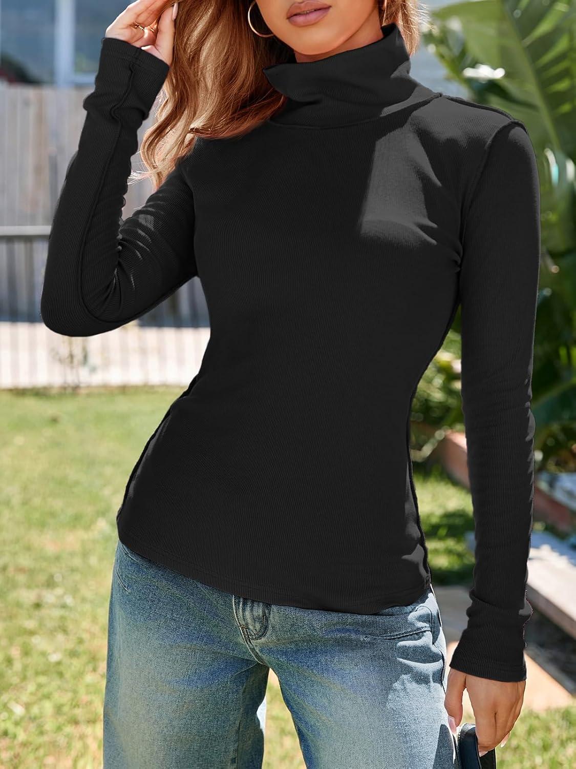 imageTankaneo Womens Mock Turtle Neck Tops Long Sleeve Slim Fitted Shirts Ribbed Knit Basic Tees Thermal ShirtsBlack