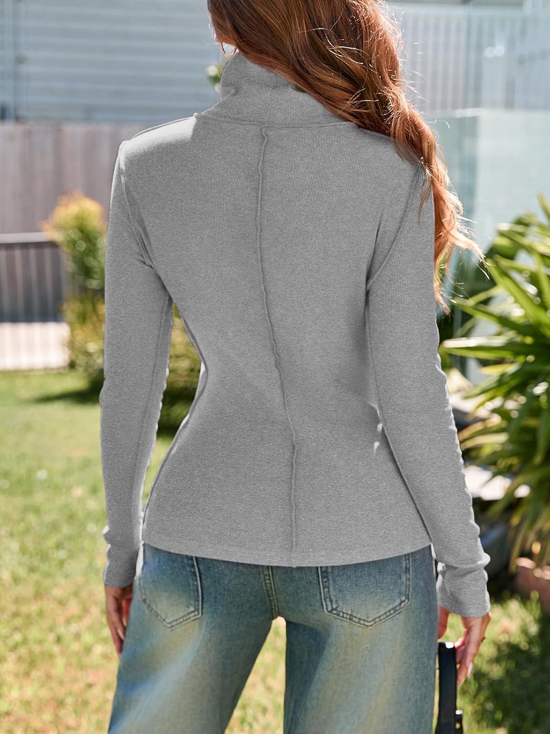 imageTankaneo Womens Mock Turtle Neck Tops Long Sleeve Slim Fitted Shirts Ribbed Knit Basic Tees Thermal ShirtsGrey