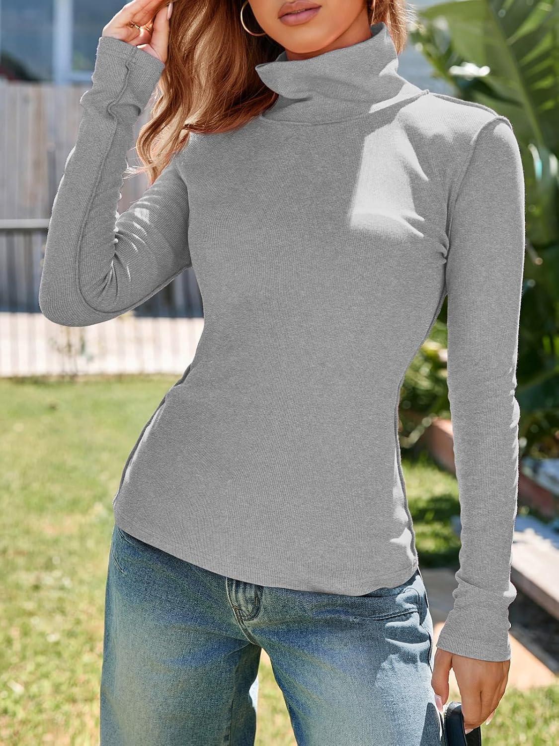 imageTankaneo Womens Mock Turtle Neck Tops Long Sleeve Slim Fitted Shirts Ribbed Knit Basic Tees Thermal ShirtsGrey
