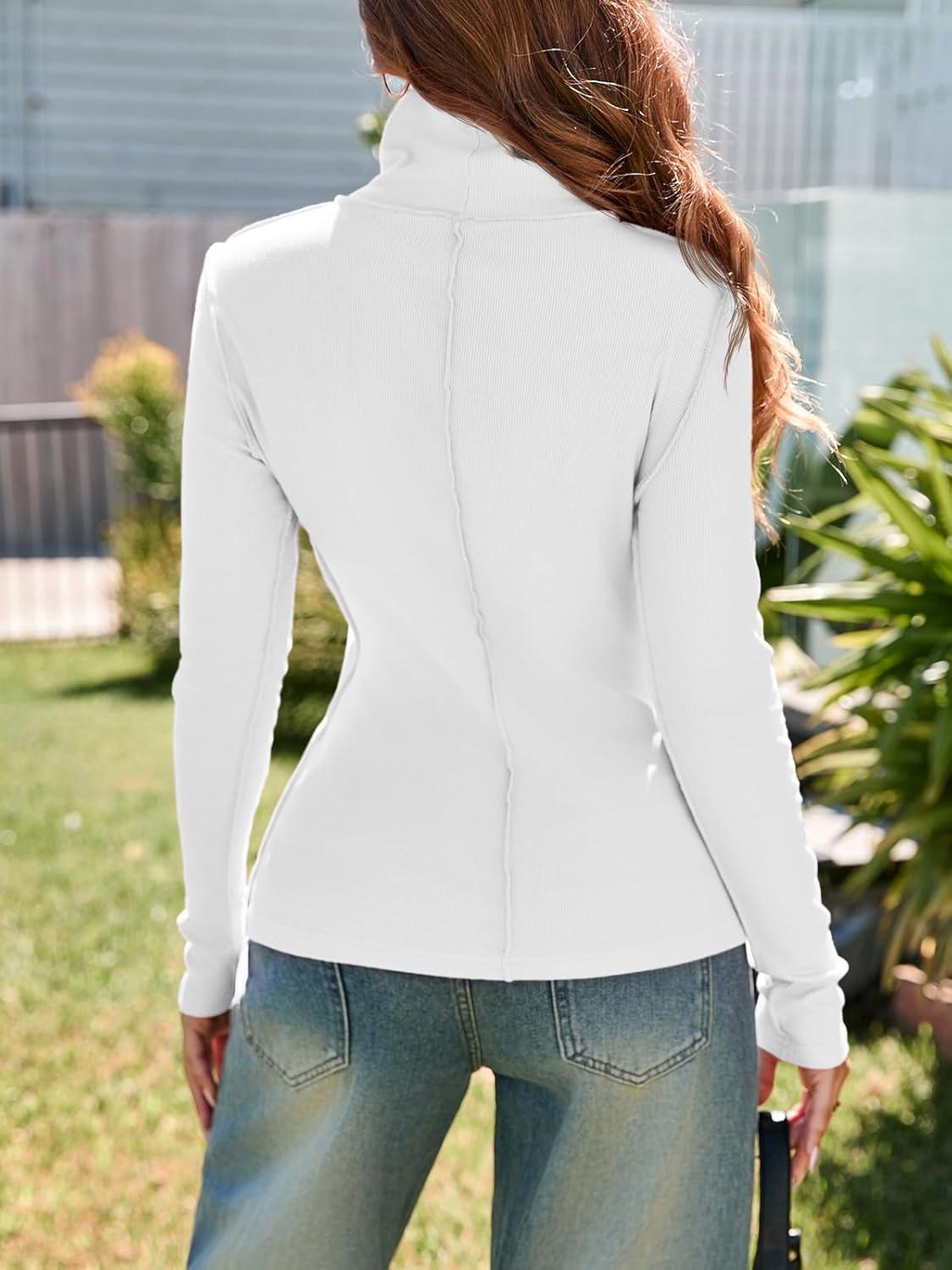 imageTankaneo Womens Mock Turtle Neck Tops Long Sleeve Slim Fitted Shirts Ribbed Knit Basic Tees Thermal ShirtsWhite