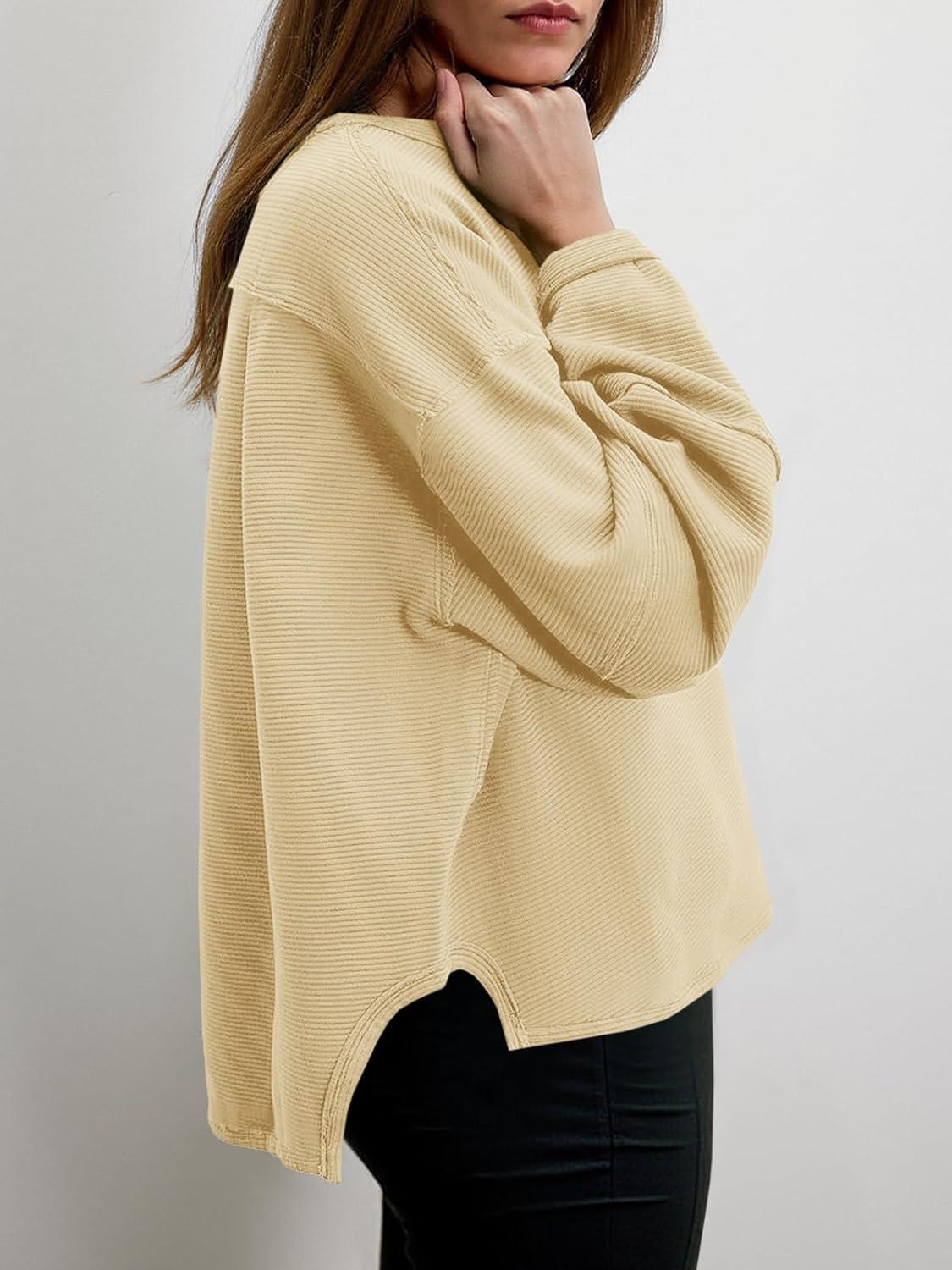 imageTankaneo Womens Oversized Cropped T Shirts Ribbed Slit Sweatshirt Long Sleeve Pullover Tops Casual Loose Fit Boxy Tee ShirtLight Yellow