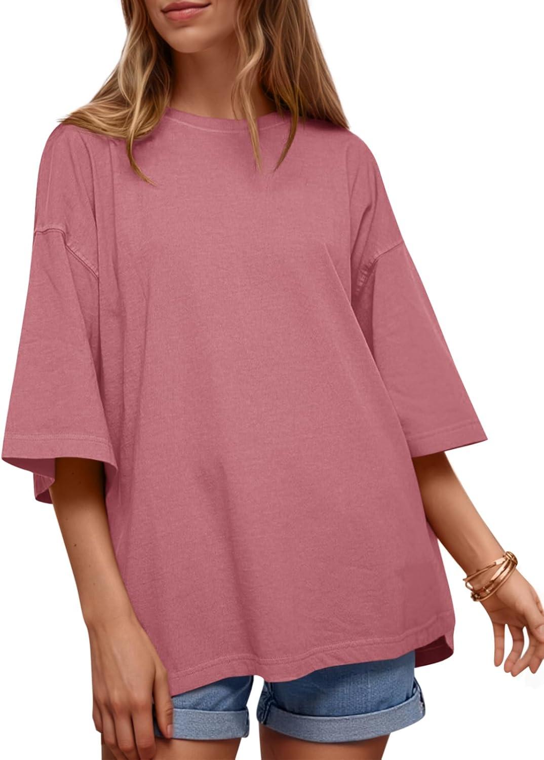 imageTankaneo Womens Oversized Half Sleeve TShirts Summer Casual Crew Neck Tunic Tops Loose Fit Boxy Basic TeesBean Paste Color