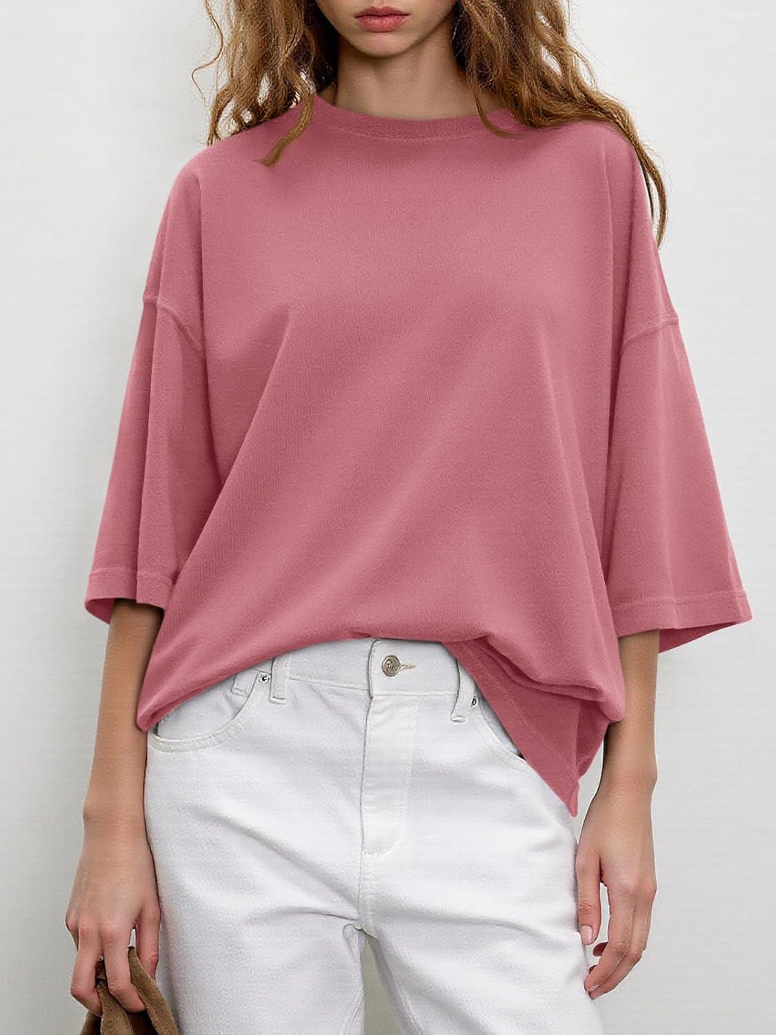 imageTankaneo Womens Oversized Half Sleeve TShirts Summer Casual Crew Neck Tunic Tops Loose Fit Boxy Basic TeesBean Paste Color