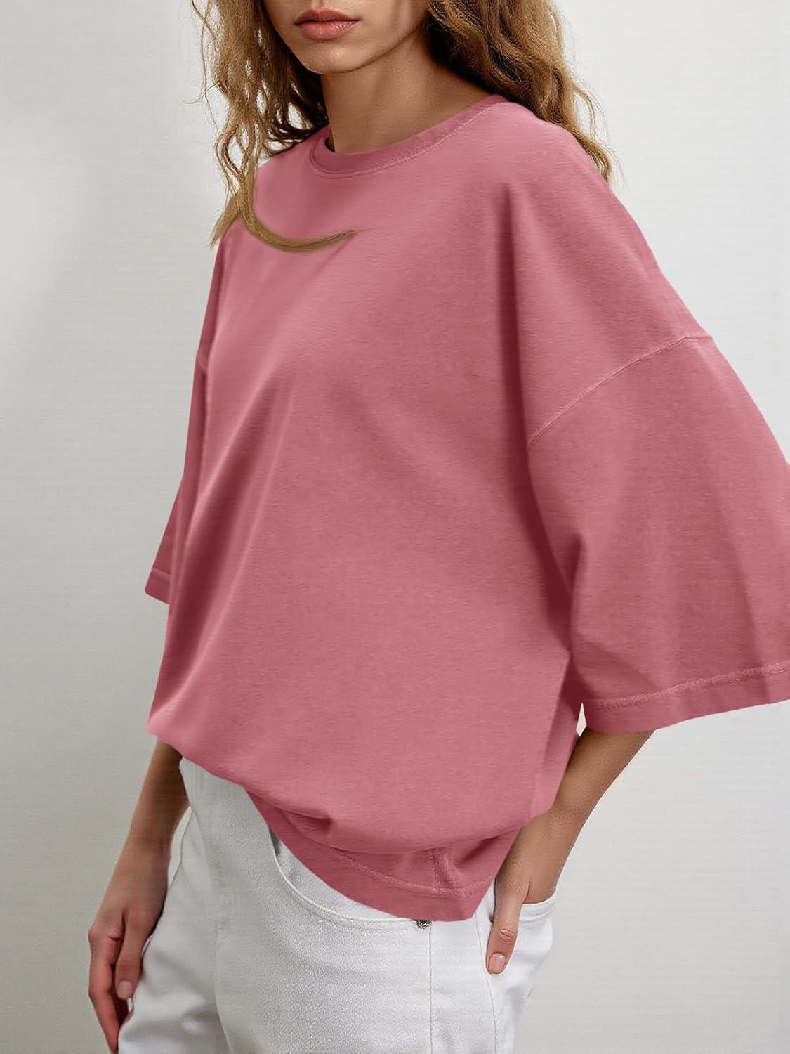 imageTankaneo Womens Oversized Half Sleeve TShirts Summer Casual Crew Neck Tunic Tops Loose Fit Boxy Basic TeesBean Paste Color