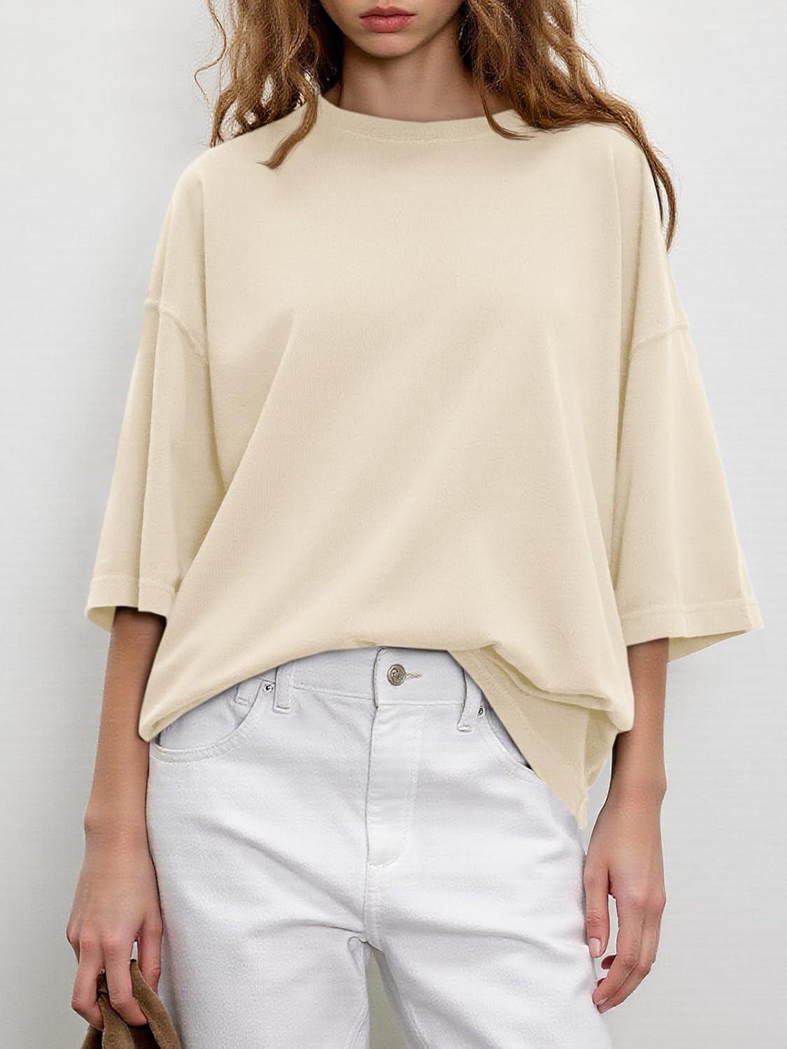 imageTankaneo Womens Oversized Half Sleeve TShirts Summer Casual Crew Neck Tunic Tops Loose Fit Boxy Basic TeesBeige