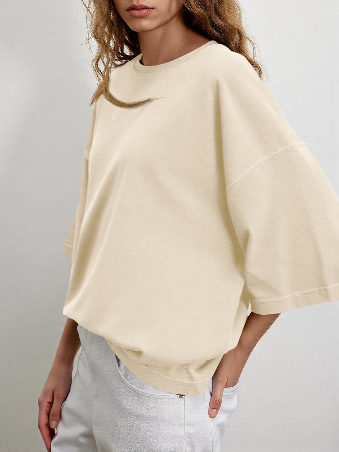 imageTankaneo Womens Oversized Half Sleeve TShirts Summer Casual Crew Neck Tunic Tops Loose Fit Boxy Basic TeesBeige