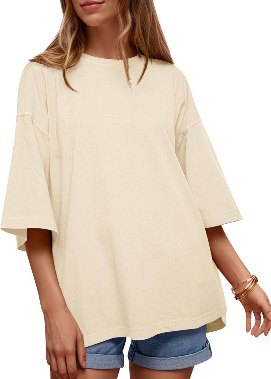 imageTankaneo Womens Oversized Half Sleeve TShirts Summer Casual Crew Neck Tunic Tops Loose Fit Boxy Basic TeesBeige
