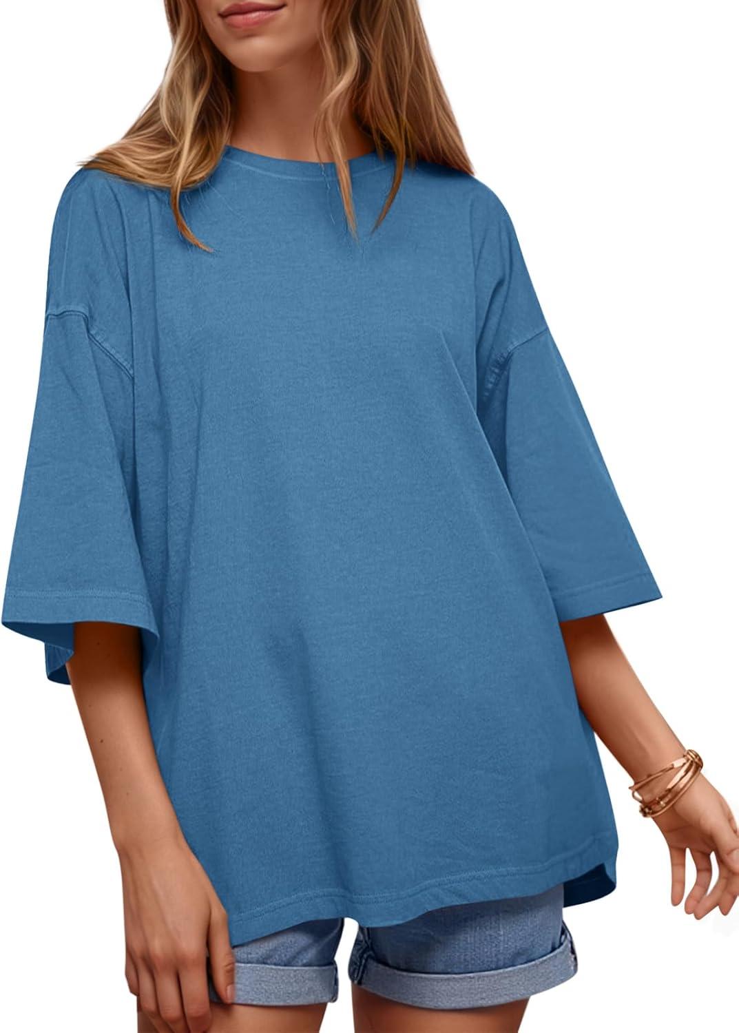 imageTankaneo Womens Oversized Half Sleeve TShirts Summer Casual Crew Neck Tunic Tops Loose Fit Boxy Basic TeesBlue