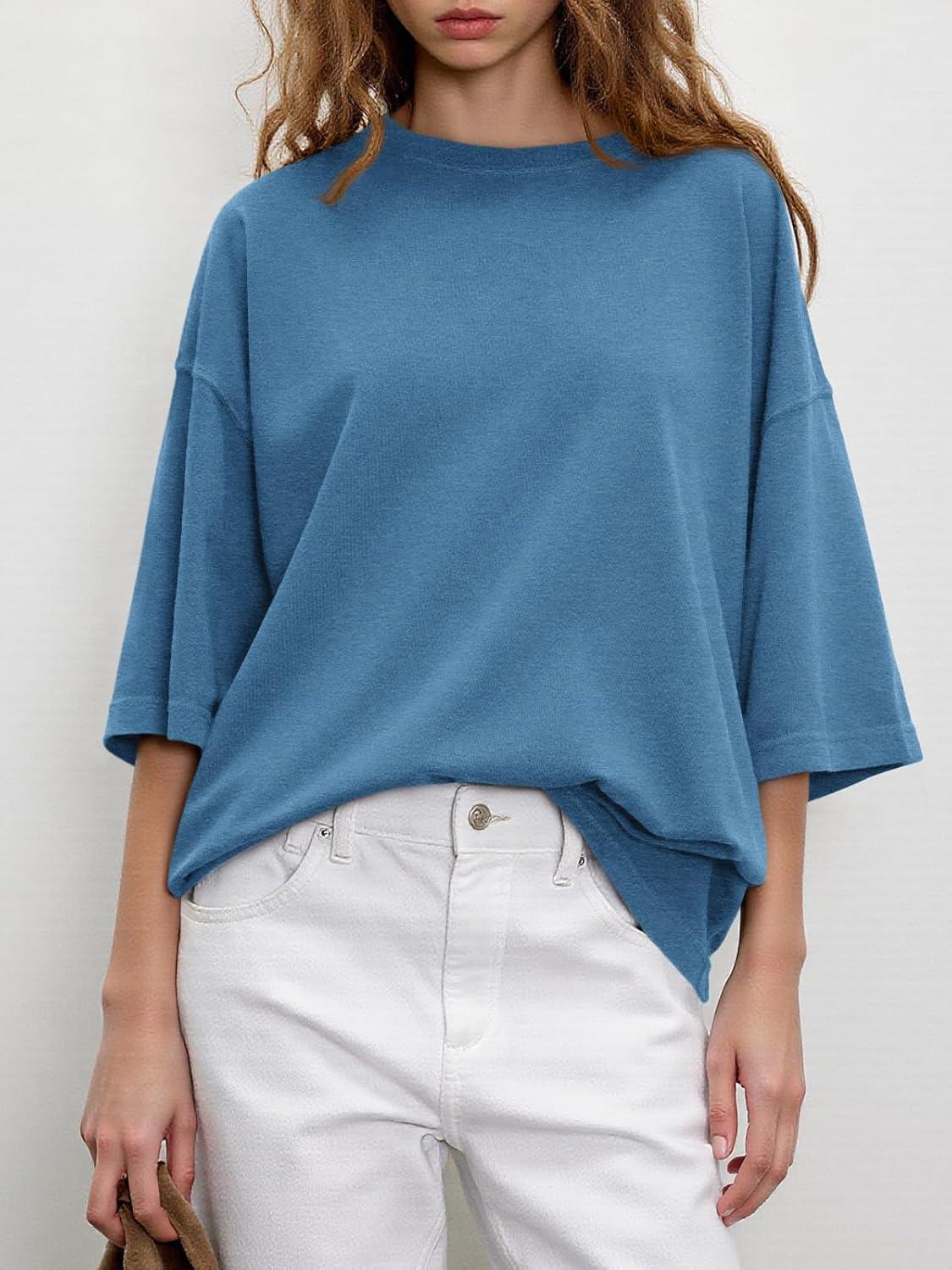 imageTankaneo Womens Oversized Half Sleeve TShirts Summer Casual Crew Neck Tunic Tops Loose Fit Boxy Basic TeesBlue