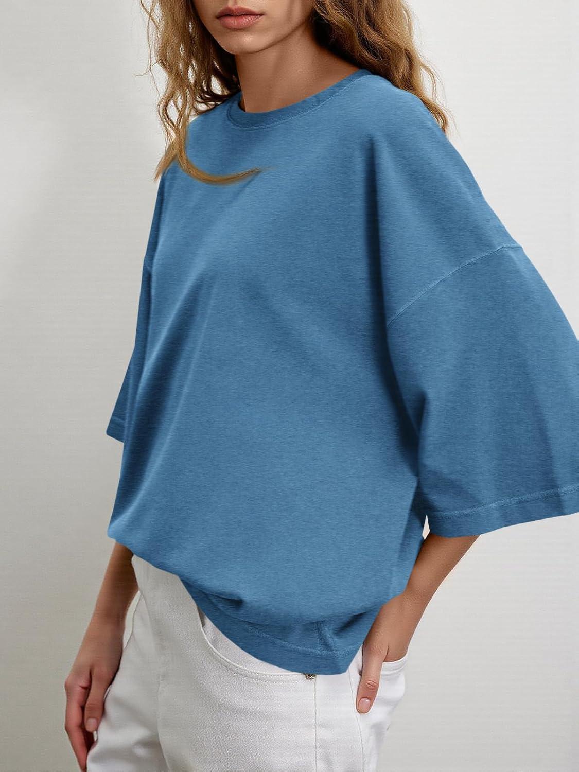 imageTankaneo Womens Oversized Half Sleeve TShirts Summer Casual Crew Neck Tunic Tops Loose Fit Boxy Basic TeesBlue