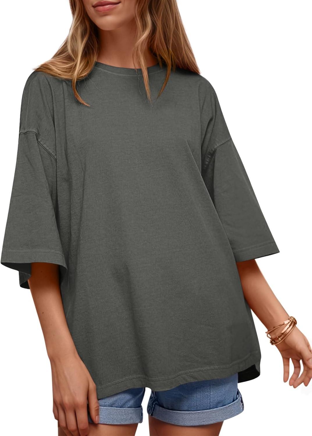 imageTankaneo Womens Oversized Half Sleeve TShirts Summer Casual Crew Neck Tunic Tops Loose Fit Boxy Basic TeesDark Grey