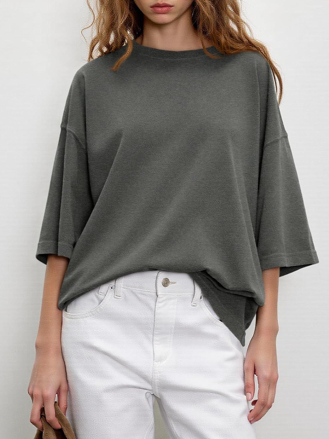 imageTankaneo Womens Oversized Half Sleeve TShirts Summer Casual Crew Neck Tunic Tops Loose Fit Boxy Basic TeesDark Grey