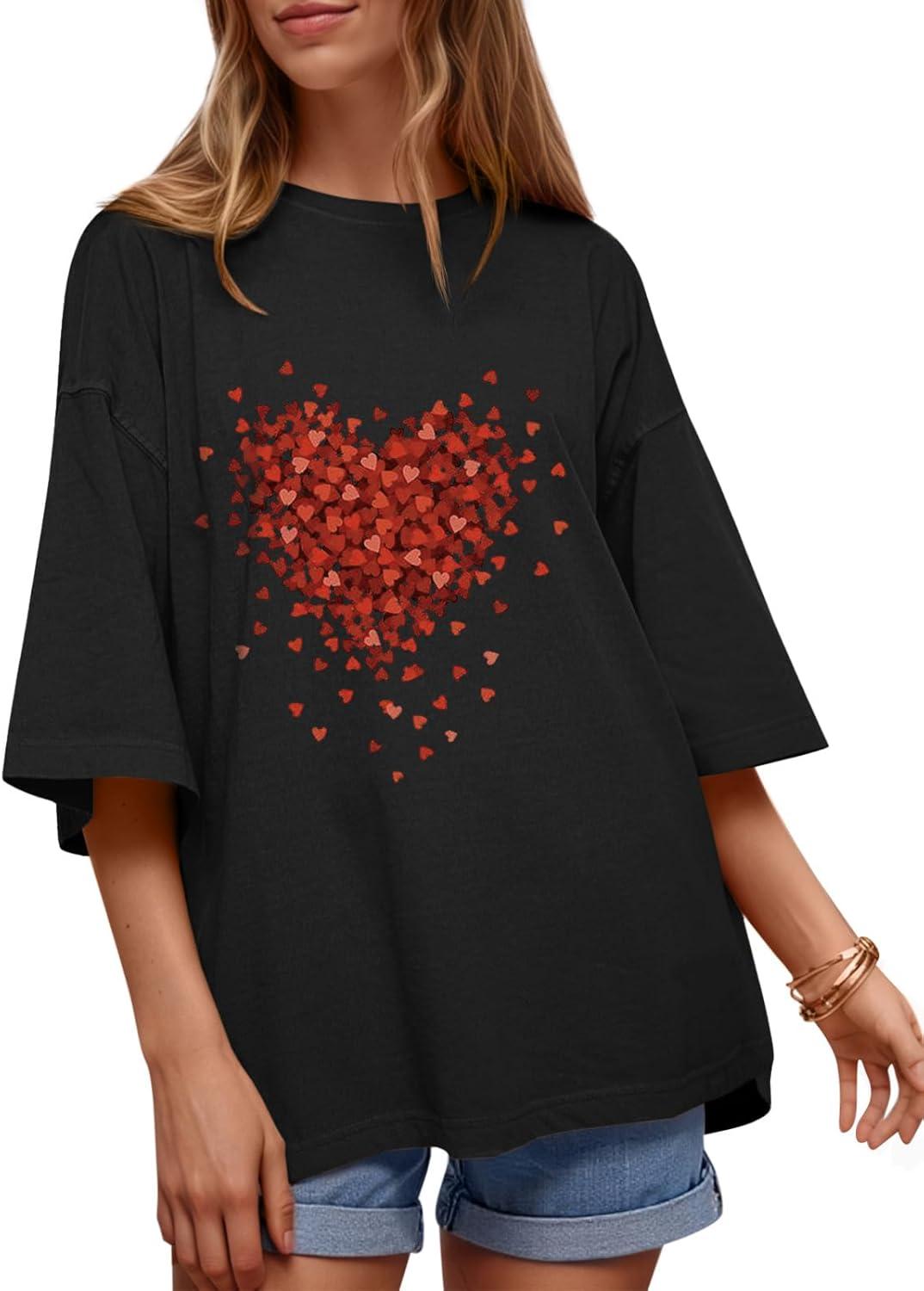 imageTankaneo Womens Oversized Half Sleeve TShirts Summer Casual Crew Neck Tunic Tops Loose Fit Boxy Basic TeesHeartblack