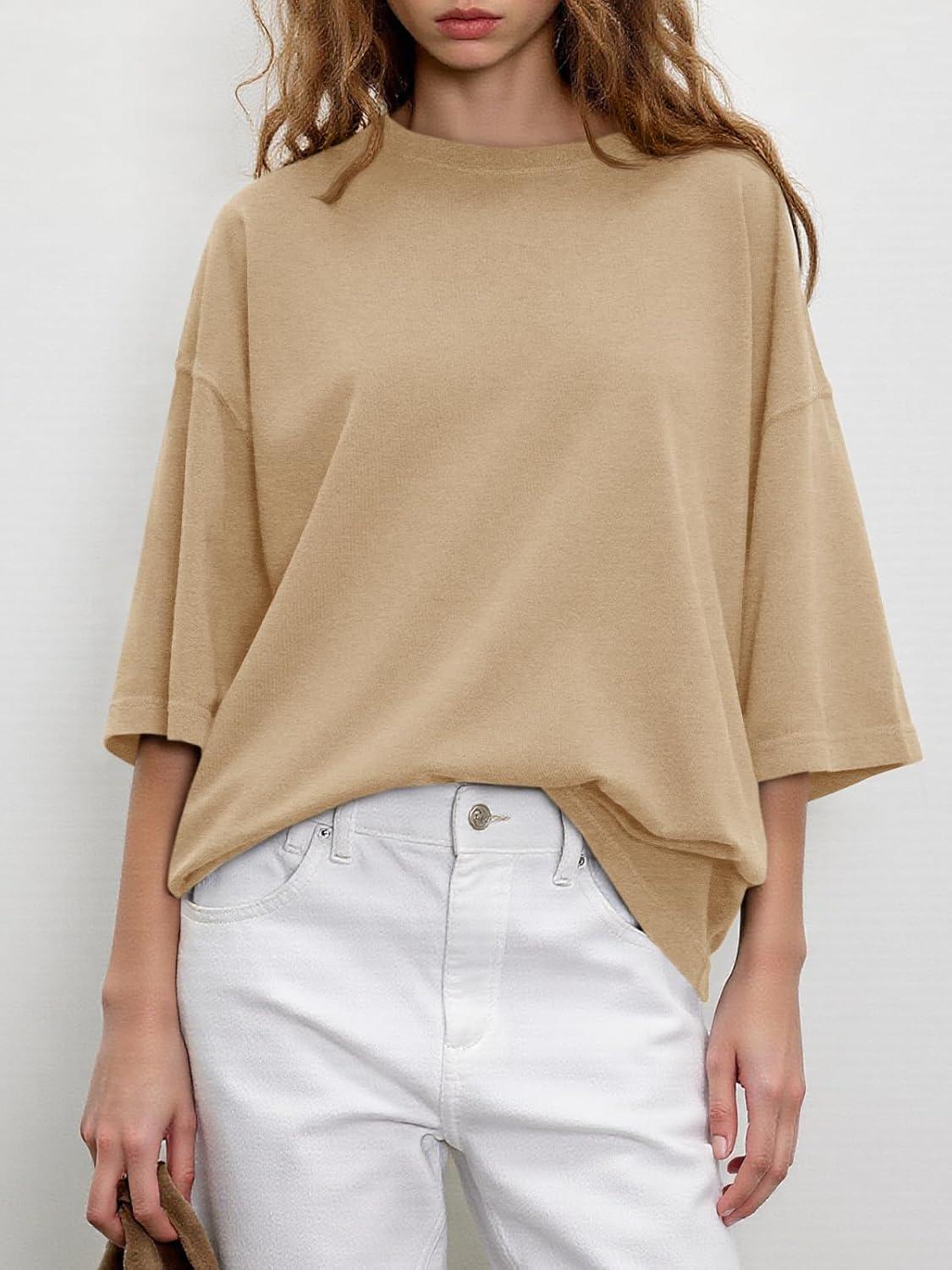 imageTankaneo Womens Oversized Half Sleeve TShirts Summer Casual Crew Neck Tunic Tops Loose Fit Boxy Basic TeesKhaki