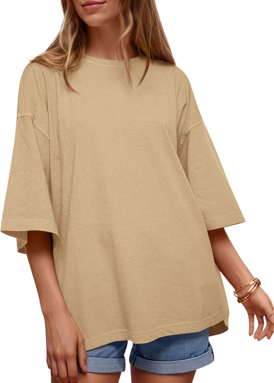 imageTankaneo Womens Oversized Half Sleeve TShirts Summer Casual Crew Neck Tunic Tops Loose Fit Boxy Basic TeesKhaki
