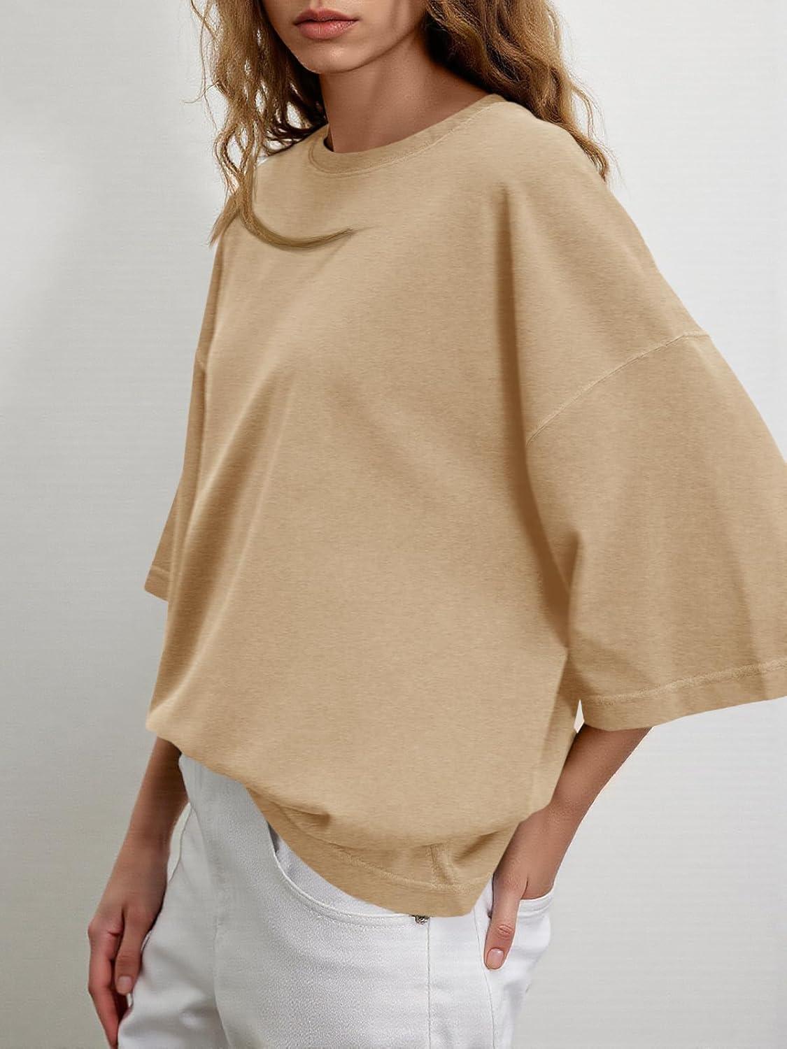 imageTankaneo Womens Oversized Half Sleeve TShirts Summer Casual Crew Neck Tunic Tops Loose Fit Boxy Basic TeesKhaki