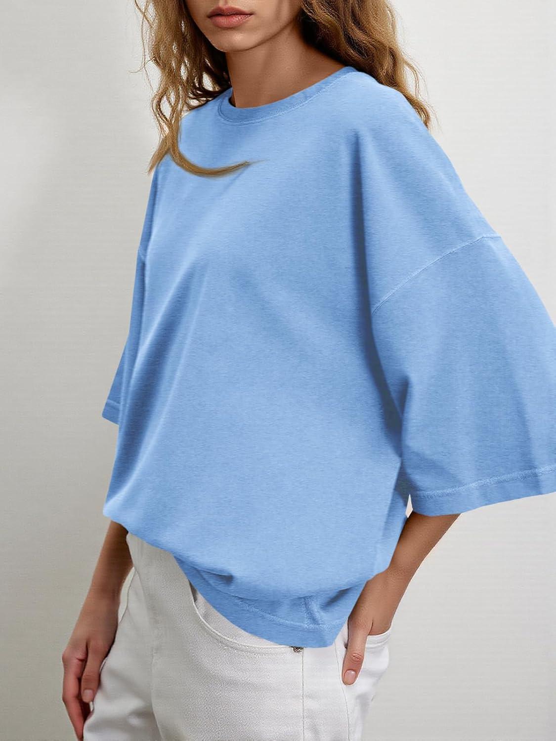 imageTankaneo Womens Oversized Half Sleeve TShirts Summer Casual Crew Neck Tunic Tops Loose Fit Boxy Basic TeesLight Blue