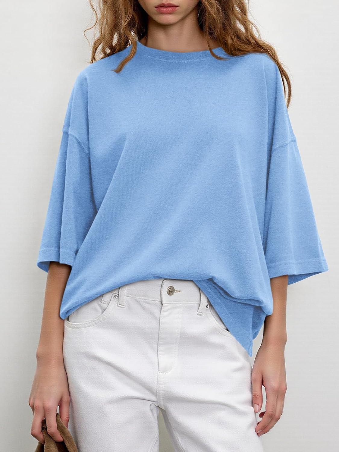 imageTankaneo Womens Oversized Half Sleeve TShirts Summer Casual Crew Neck Tunic Tops Loose Fit Boxy Basic TeesLight Blue