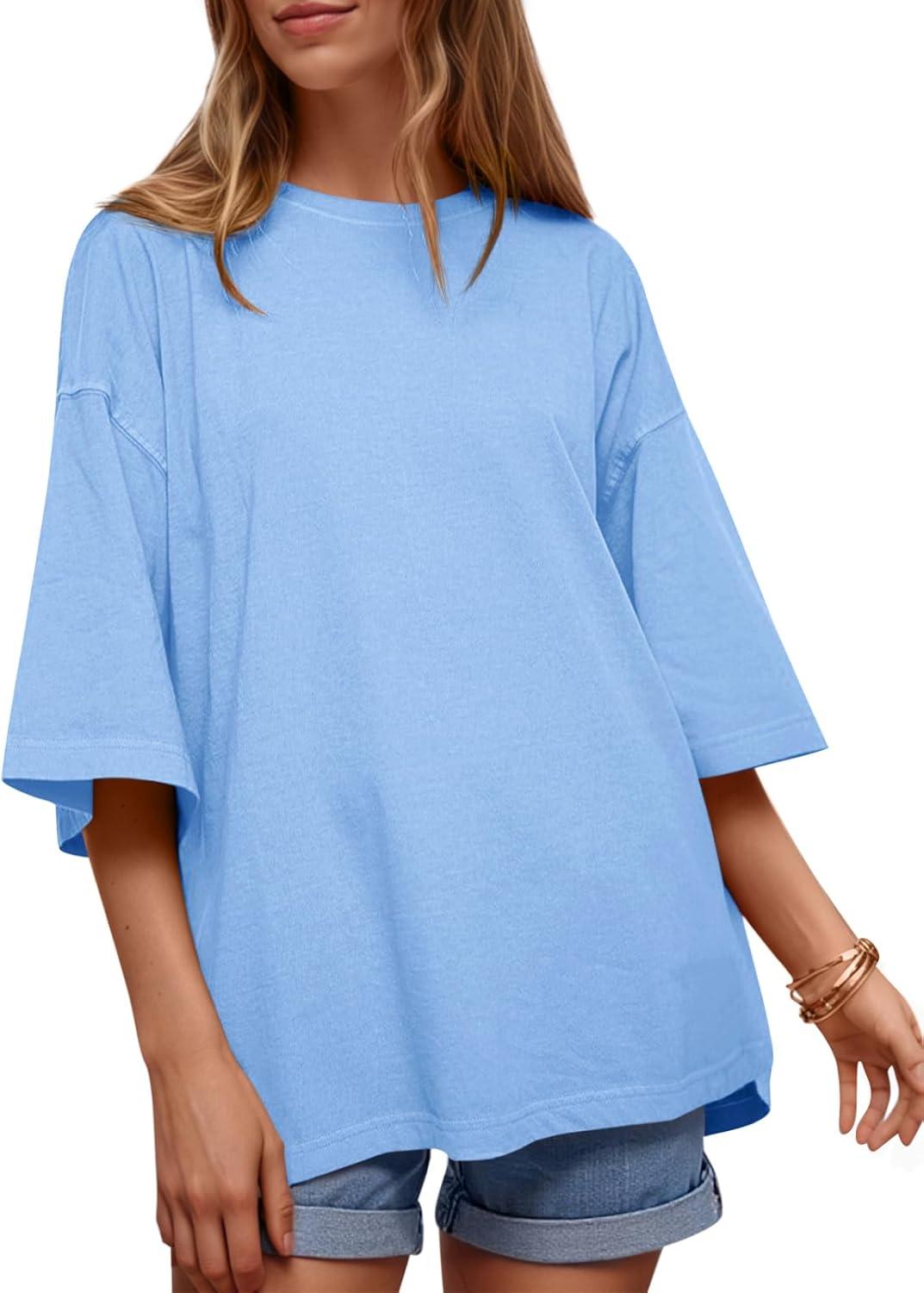 imageTankaneo Womens Oversized Half Sleeve TShirts Summer Casual Crew Neck Tunic Tops Loose Fit Boxy Basic TeesLight Blue
