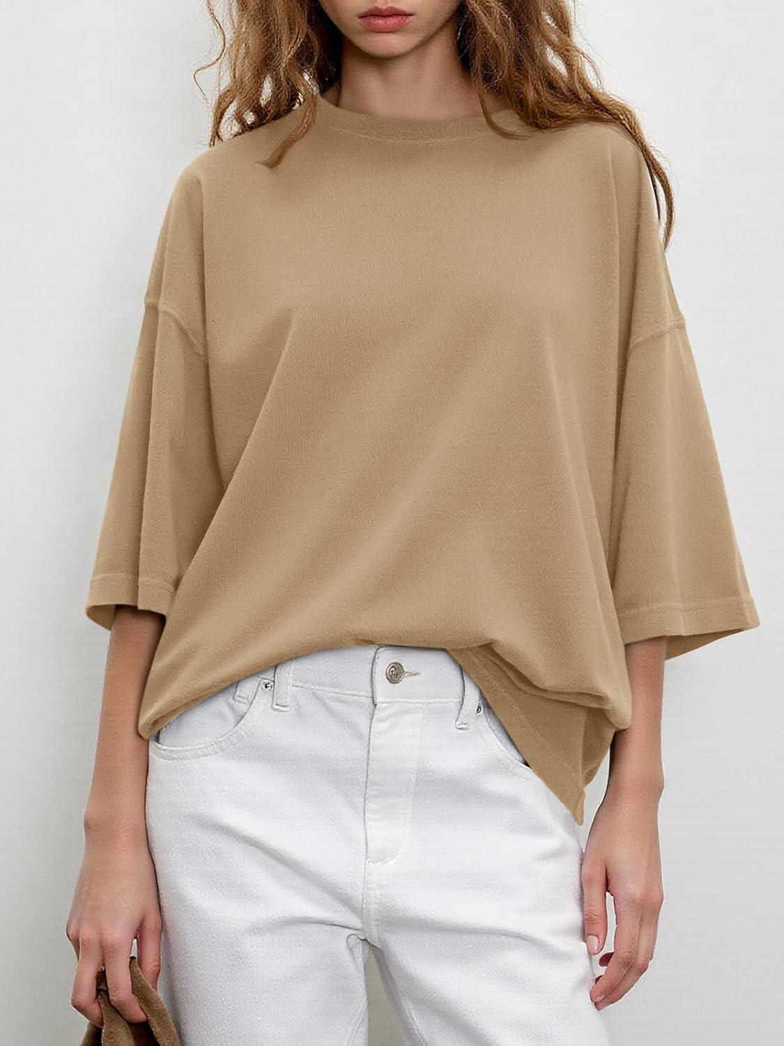 imageTankaneo Womens Oversized Half Sleeve TShirts Summer Casual Crew Neck Tunic Tops Loose Fit Boxy Basic TeesLight Coffee