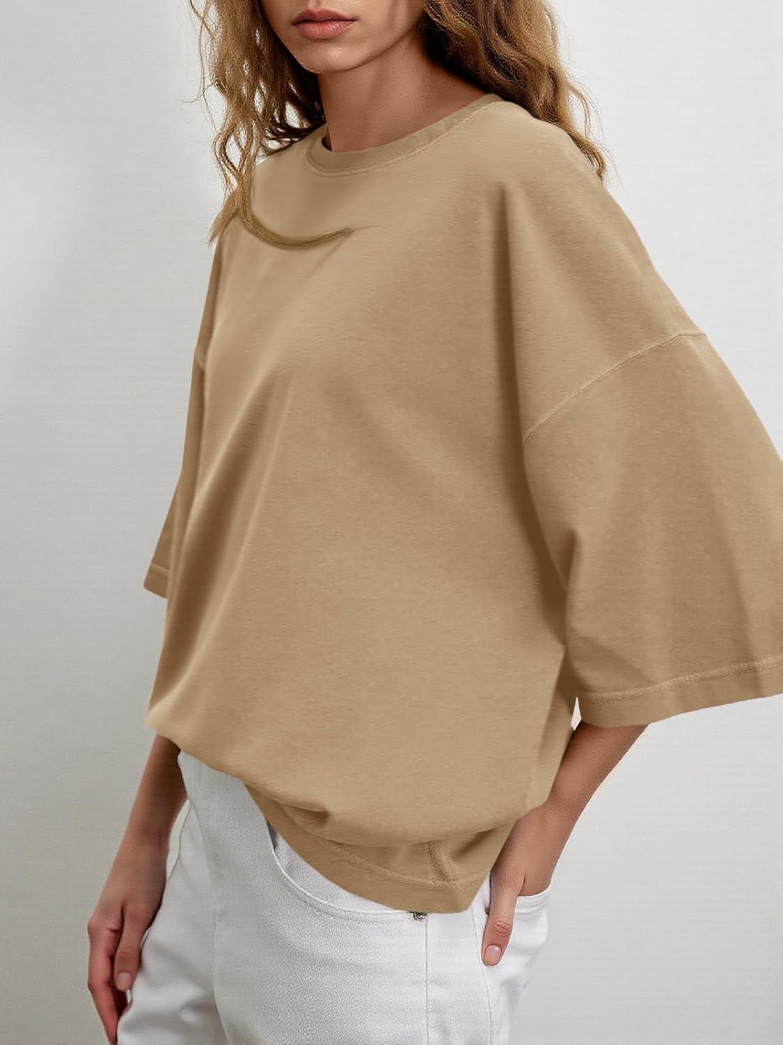 imageTankaneo Womens Oversized Half Sleeve TShirts Summer Casual Crew Neck Tunic Tops Loose Fit Boxy Basic TeesLight Coffee