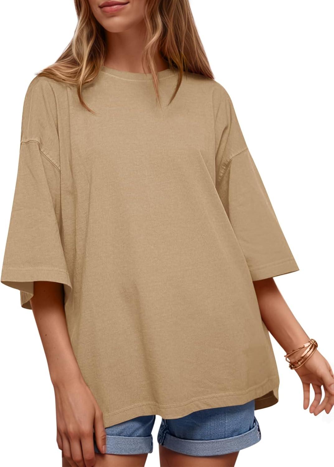 imageTankaneo Womens Oversized Half Sleeve TShirts Summer Casual Crew Neck Tunic Tops Loose Fit Boxy Basic TeesLight Coffee