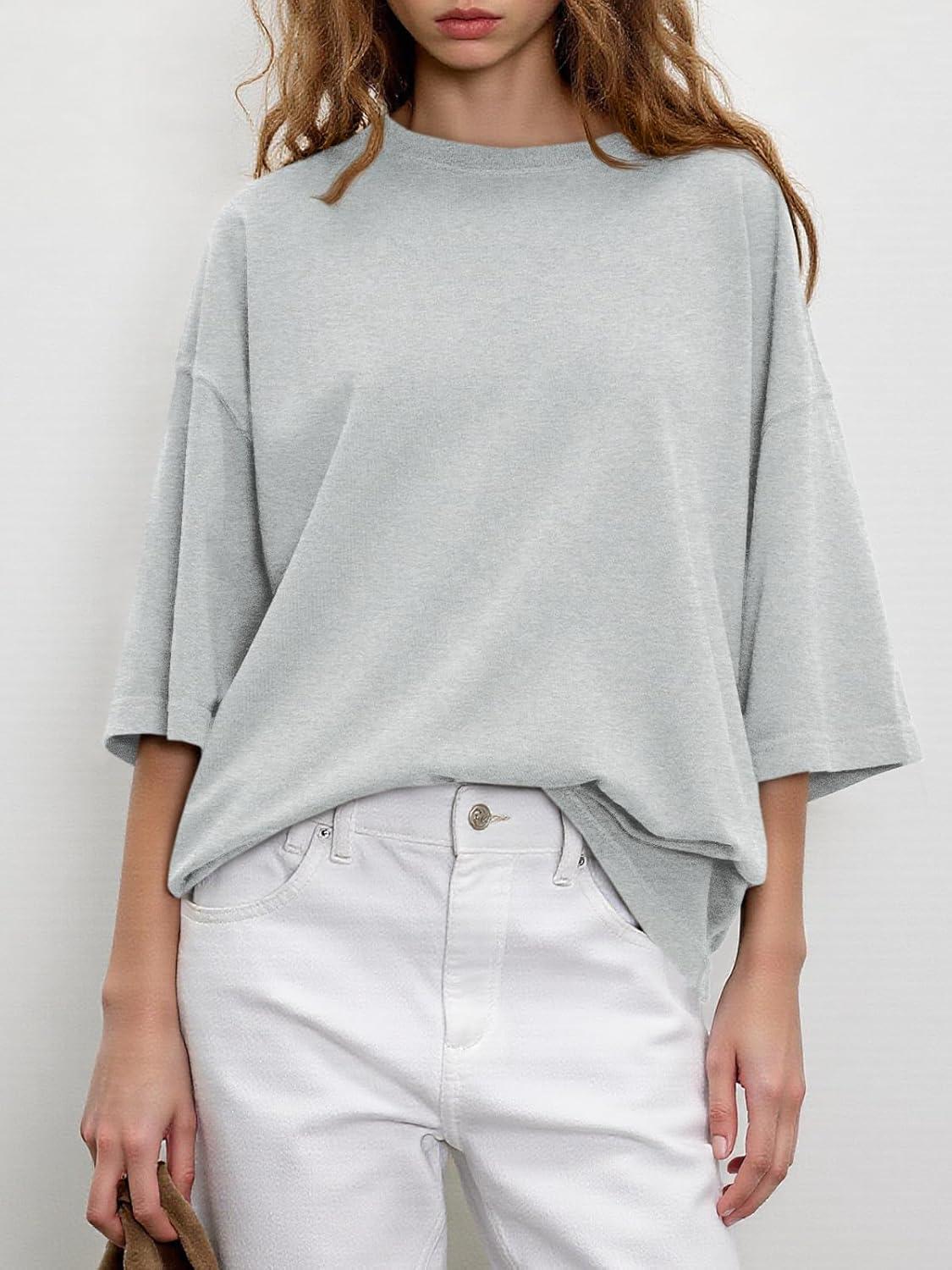 imageTankaneo Womens Oversized Half Sleeve TShirts Summer Casual Crew Neck Tunic Tops Loose Fit Boxy Basic TeesLight Grey