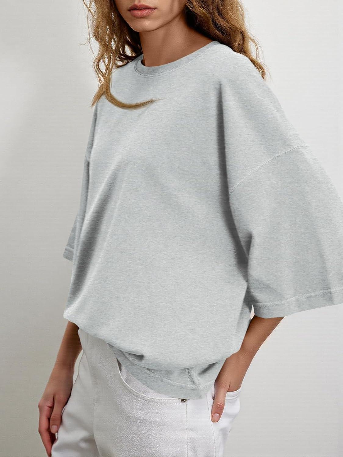 imageTankaneo Womens Oversized Half Sleeve TShirts Summer Casual Crew Neck Tunic Tops Loose Fit Boxy Basic TeesLight Grey