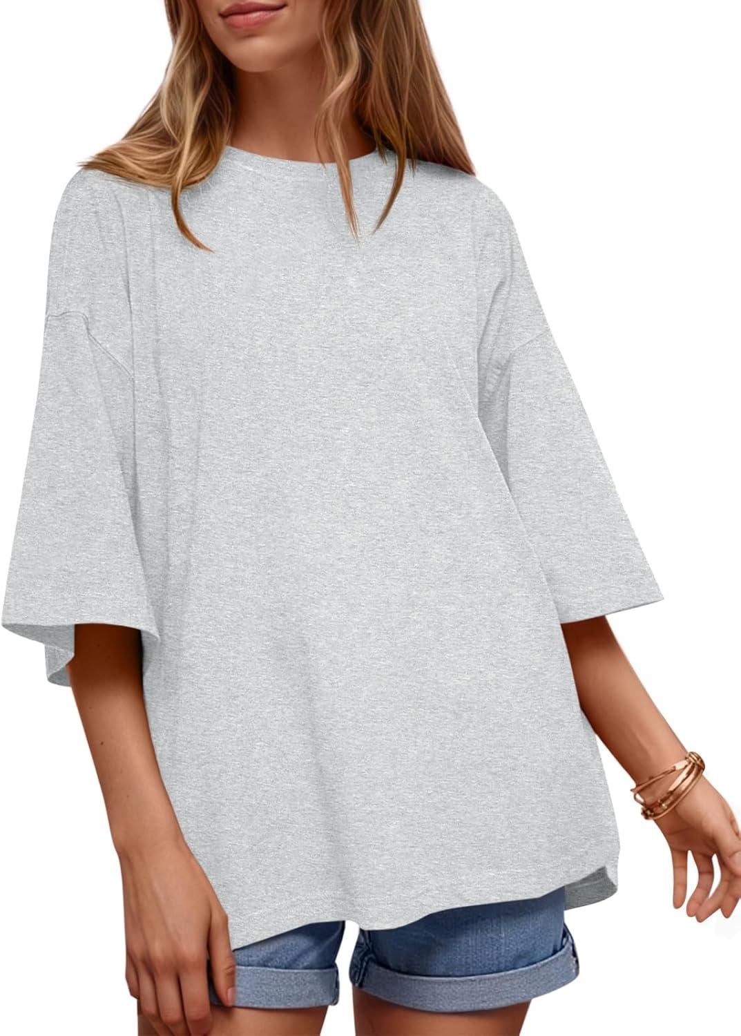 imageTankaneo Womens Oversized Half Sleeve TShirts Summer Casual Crew Neck Tunic Tops Loose Fit Boxy Basic TeesLight Grey