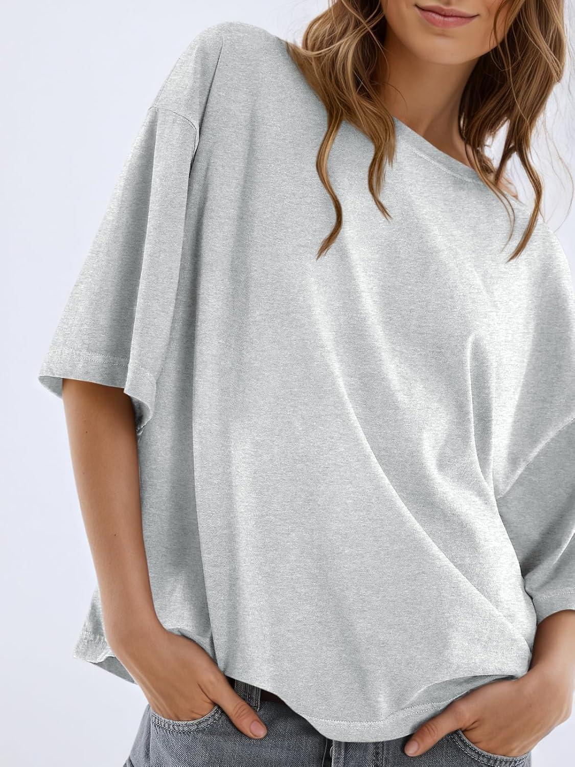 imageTankaneo Womens Oversized Half Sleeve TShirts Summer Casual Crew Neck Tunic Tops Loose Fit Boxy Basic TeesLight Grey