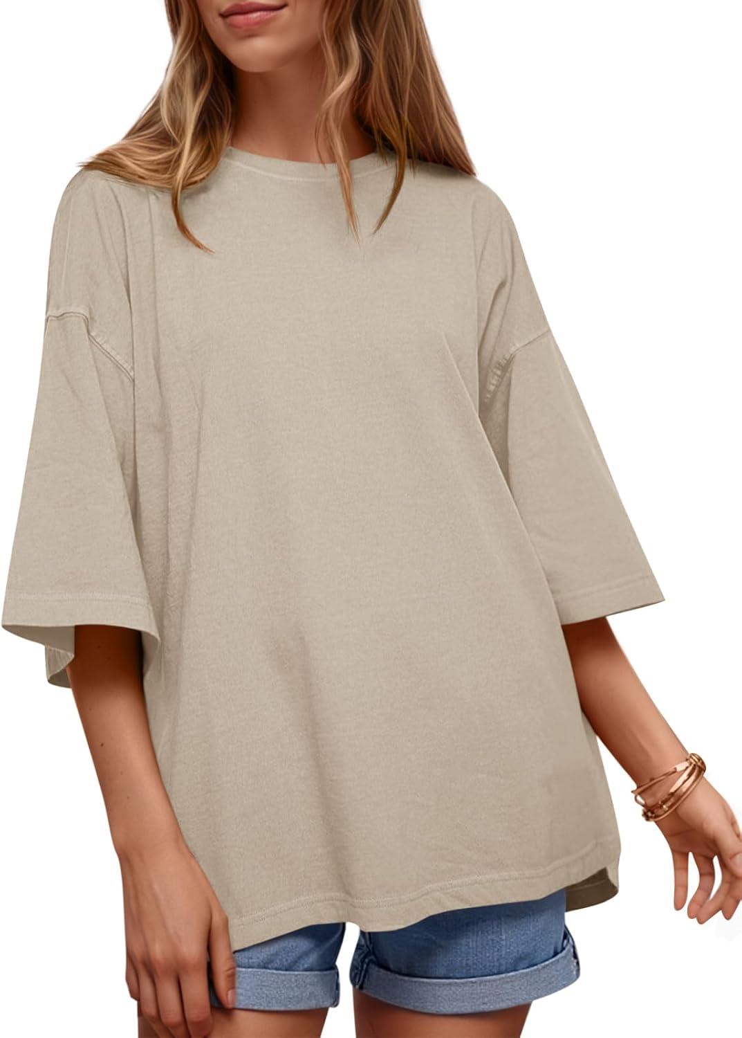 imageTankaneo Womens Oversized Half Sleeve TShirts Summer Casual Crew Neck Tunic Tops Loose Fit Boxy Basic TeesLight Khaki