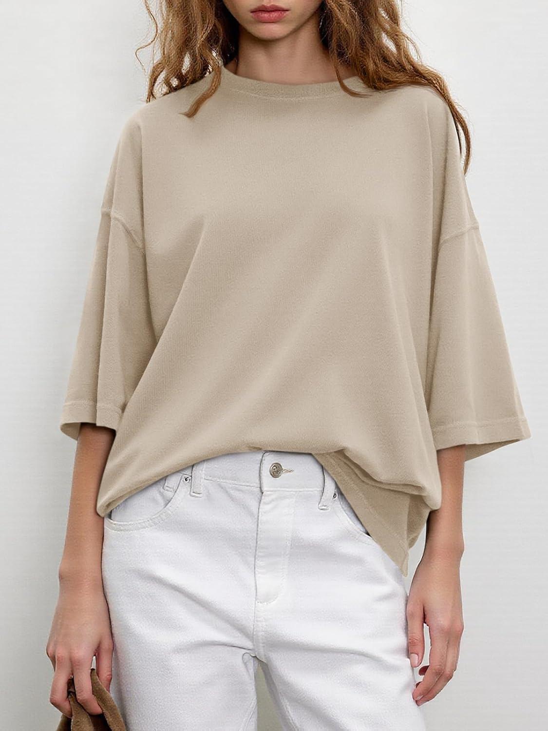 imageTankaneo Womens Oversized Half Sleeve TShirts Summer Casual Crew Neck Tunic Tops Loose Fit Boxy Basic TeesLight Khaki