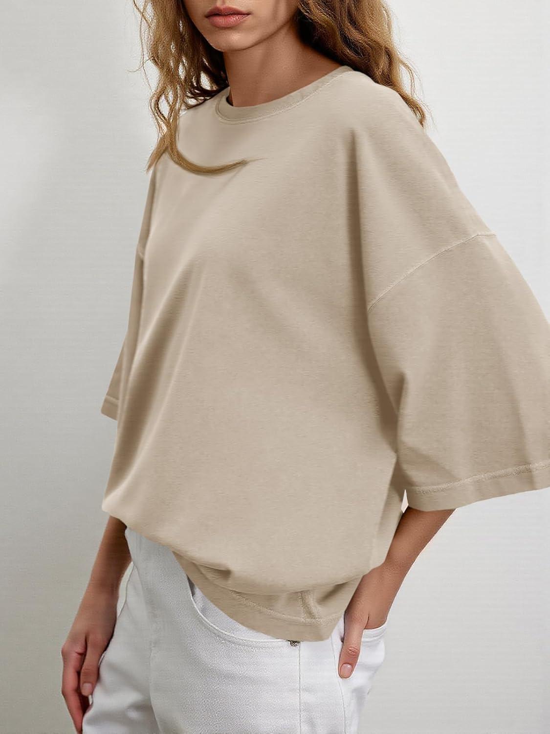 imageTankaneo Womens Oversized Half Sleeve TShirts Summer Casual Crew Neck Tunic Tops Loose Fit Boxy Basic TeesLight Khaki