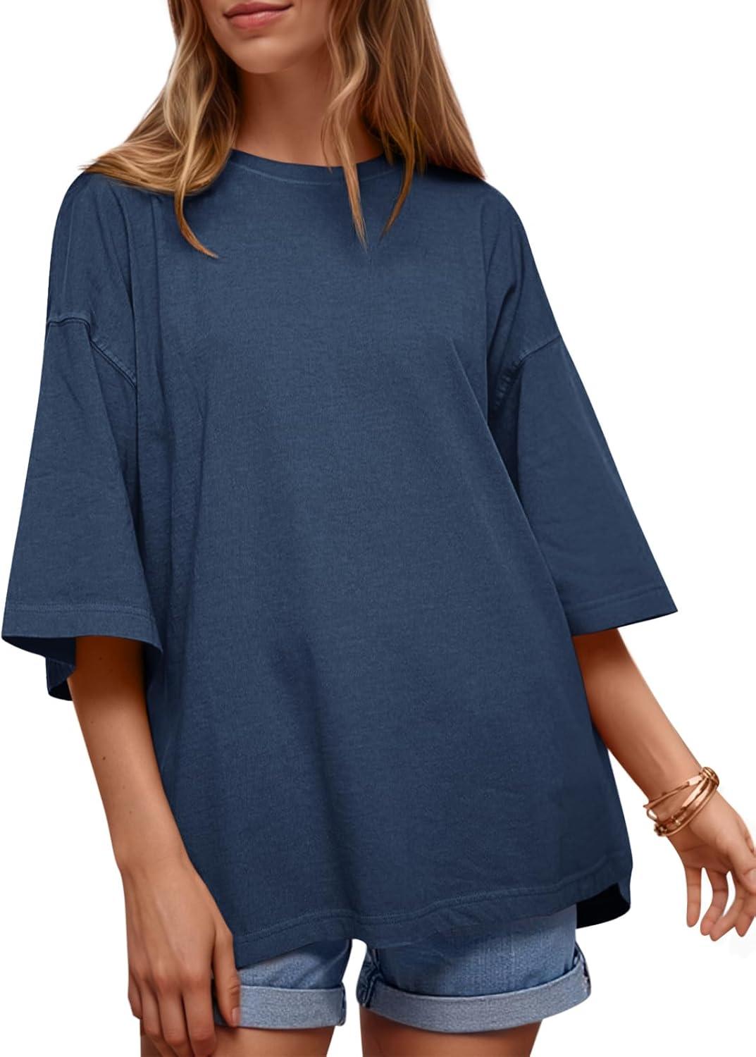 imageTankaneo Womens Oversized Half Sleeve TShirts Summer Casual Crew Neck Tunic Tops Loose Fit Boxy Basic TeesNavy