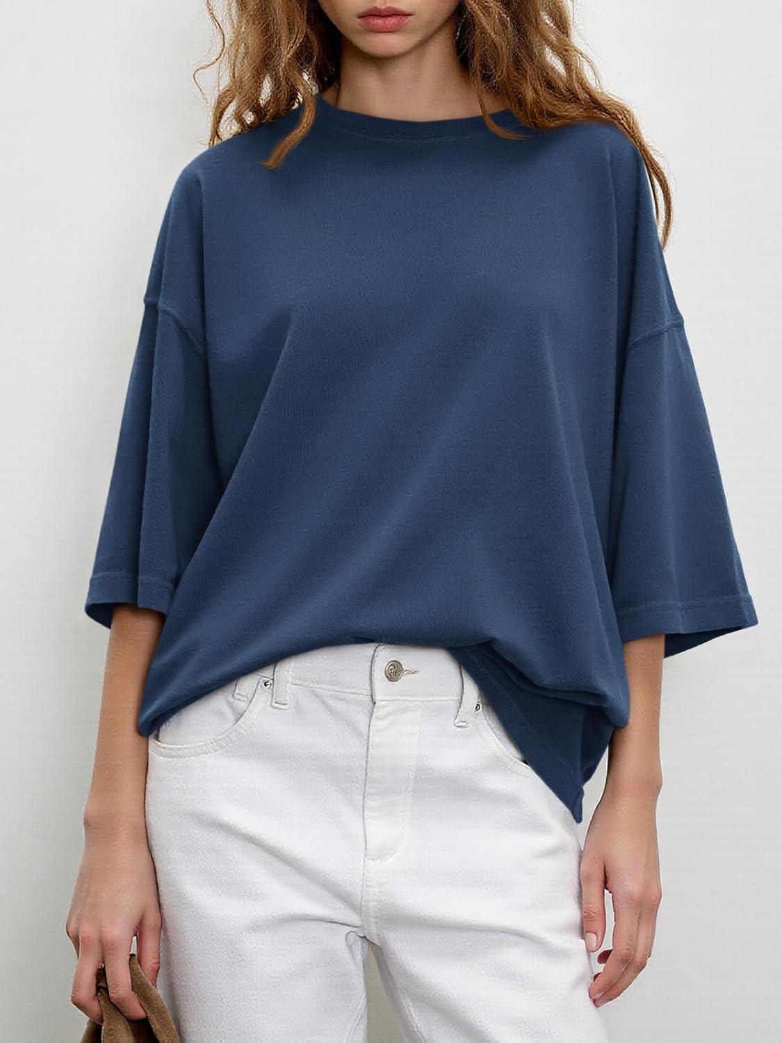 imageTankaneo Womens Oversized Half Sleeve TShirts Summer Casual Crew Neck Tunic Tops Loose Fit Boxy Basic TeesNavy