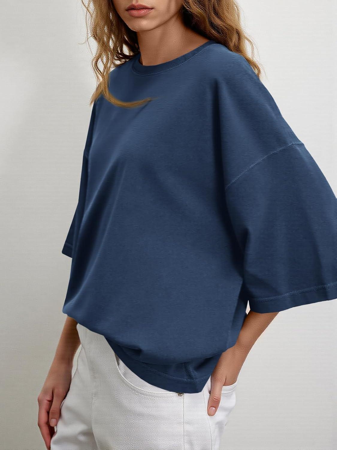 imageTankaneo Womens Oversized Half Sleeve TShirts Summer Casual Crew Neck Tunic Tops Loose Fit Boxy Basic TeesNavy