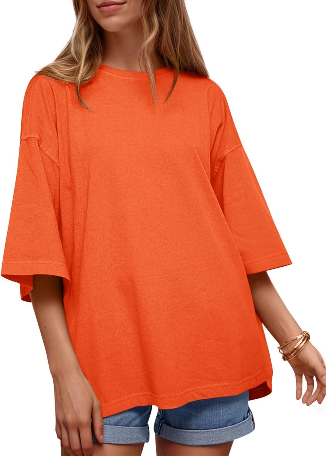 imageTankaneo Womens Oversized Half Sleeve TShirts Summer Casual Crew Neck Tunic Tops Loose Fit Boxy Basic TeesOrange